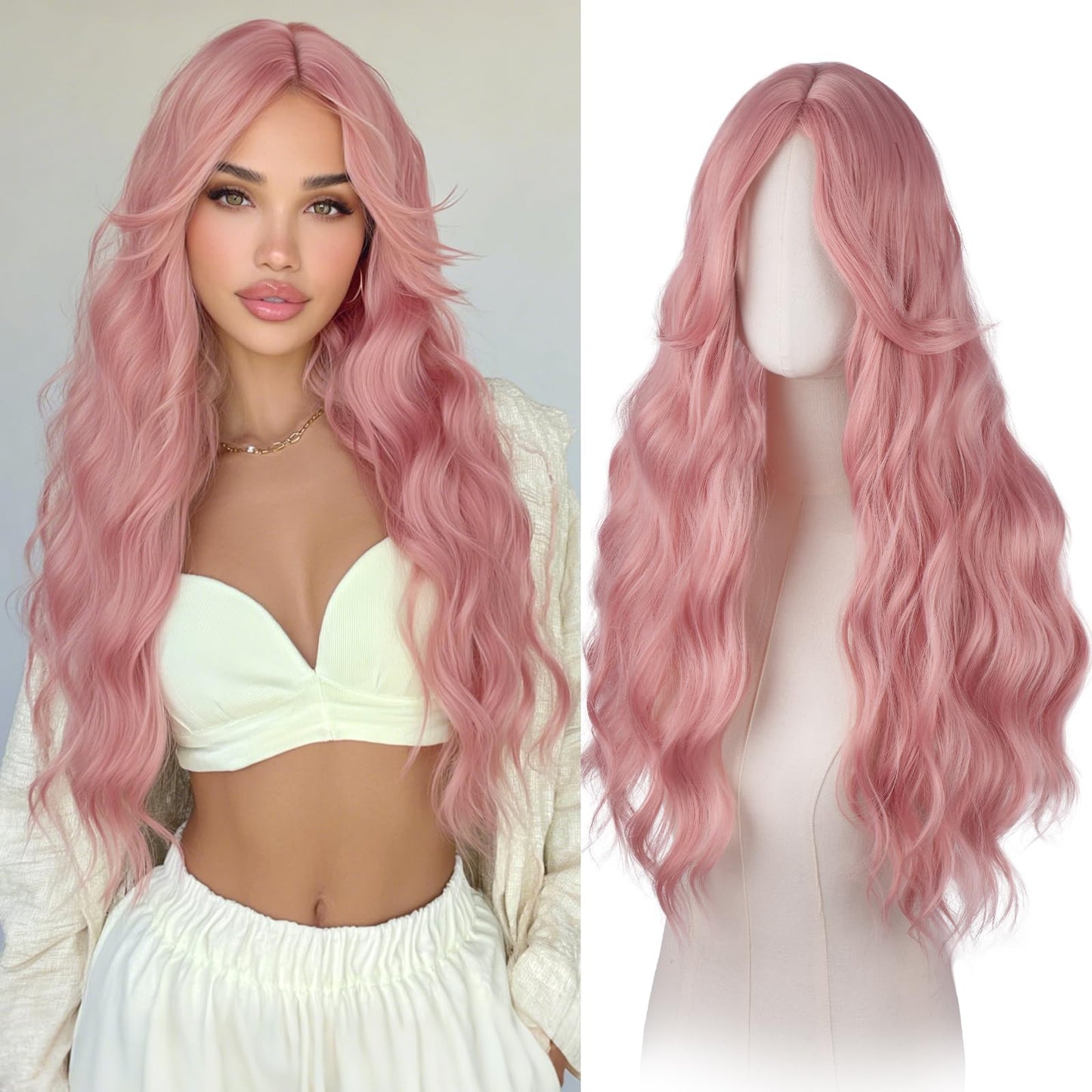 Haloo Pink Wigs with Curtain Bangs for Women - Long Wavy Middle Part Natural Looking Synthetic Hair Wig for Daily Party Cosplay Costume, 26 Inch