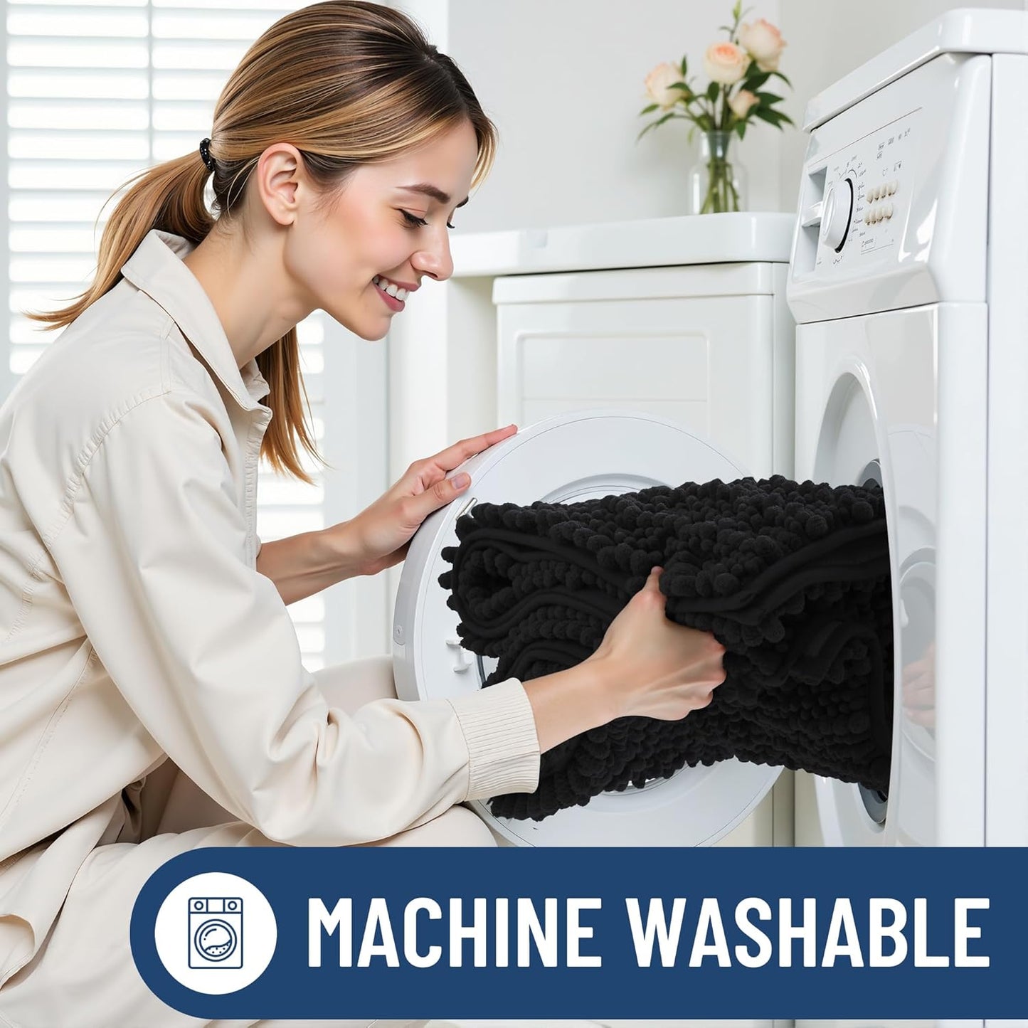 Extra Soft Chenille Bathroom Rugs - Non-Slip, Quick Dry | 24x16 Black Bath Mat