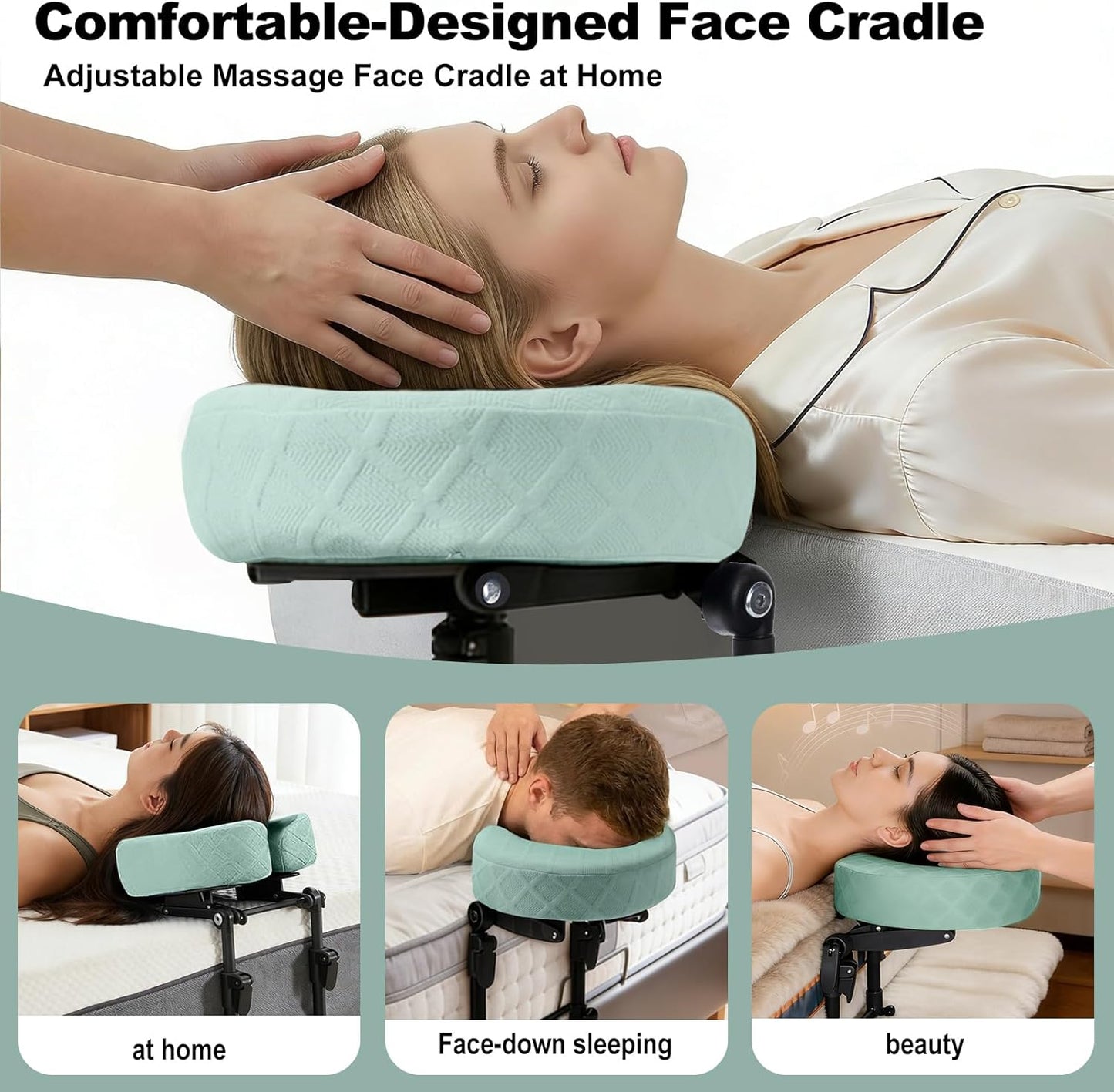Massage Headrest for Bed - Adjustable Height Memory Foam Face Cradle | Washable Pillowcase (Green)