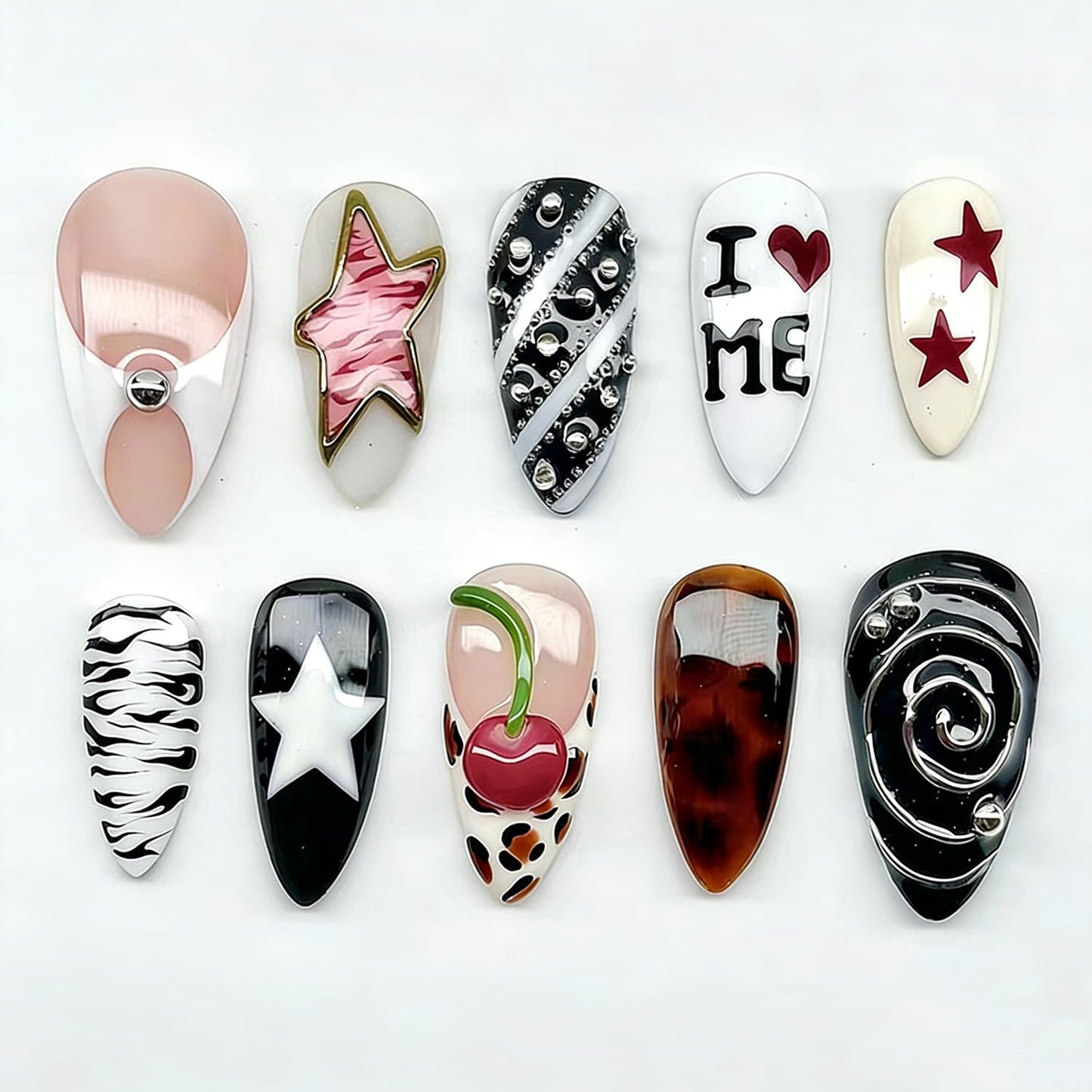 Press-On Nails - 30 Pcs Pink Flower French Tip Design | Short Almond 3D Floral Full Cover Acrylic Set