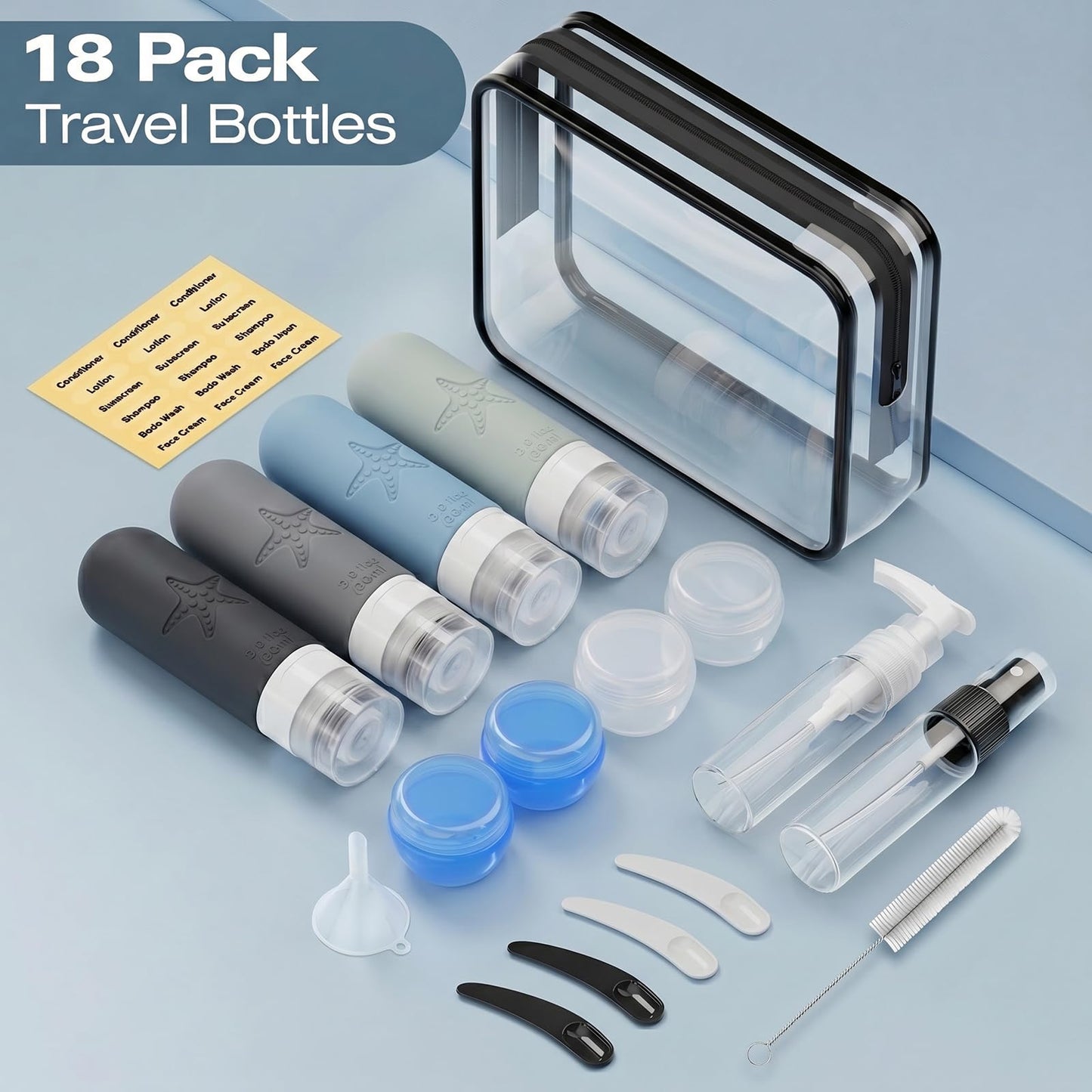 18 Pcs Silicone Bottles Set, Leak-Proof Design, Travel Size, TSA Approved for Toiletries, Portable Containers and Best Gifts for Women (BPA Free)