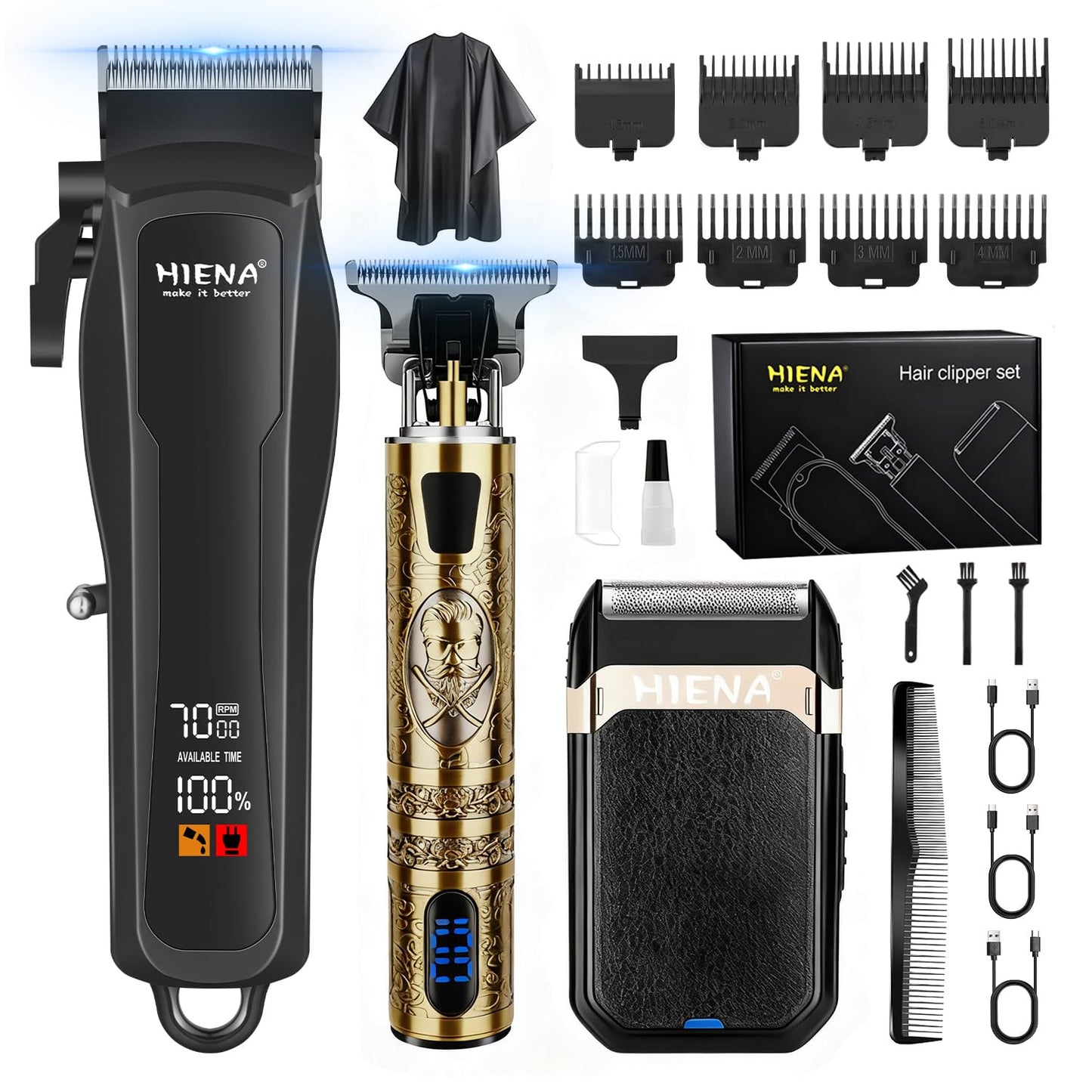 HIENA PRO Professional Cordless Hair Clippers for Men, T-Blade Beard Trimmer & Foil Shaver Set, Barber Clipper Hair Cutting Grooming Kit, Barber kit