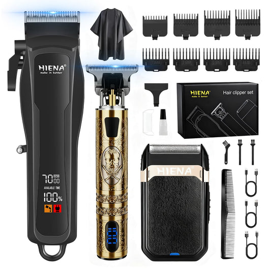 HIENA PRO Professional Cordless Hair Clippers for Men, T-Blade Beard Trimmer & Foil Shaver Set, Barber Clipper Hair Cutting Grooming Kit, Barber kit