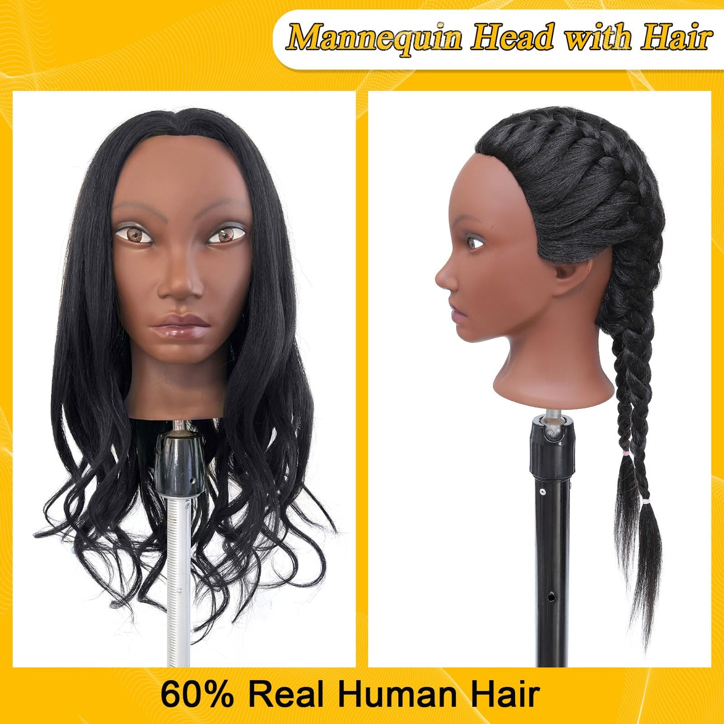 Mannequin Head Human Hair for Cosmetology, Manikin Head with 80% Real Hair for Styling Doll Head Braiding Practice Black Mannequin Heads Hairdresser Hairstylist Girls with Free Clamp Holder