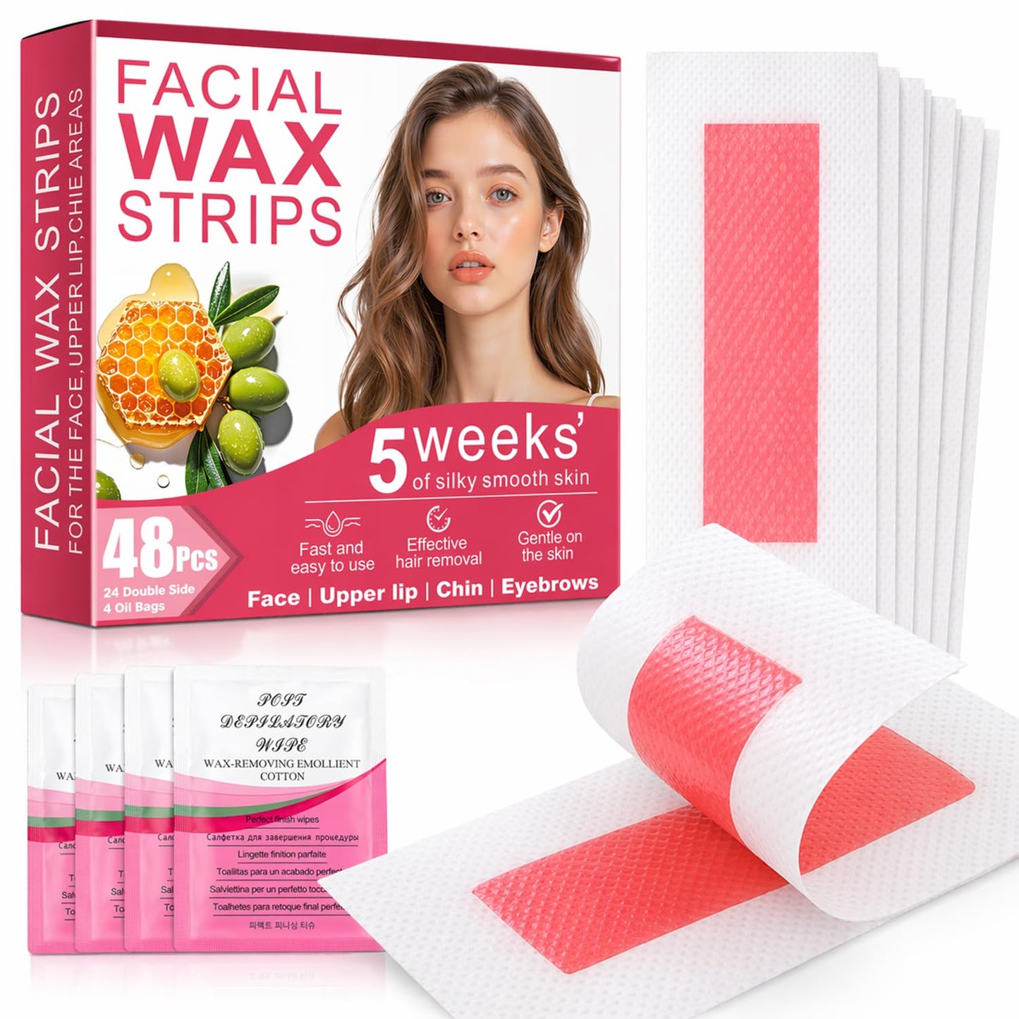 Facial Wax Strips for Women - 48 Pcs Hypoallergenic Hair Removal | Upper Lip & Eyebrow, No-Heat Waxing Kit