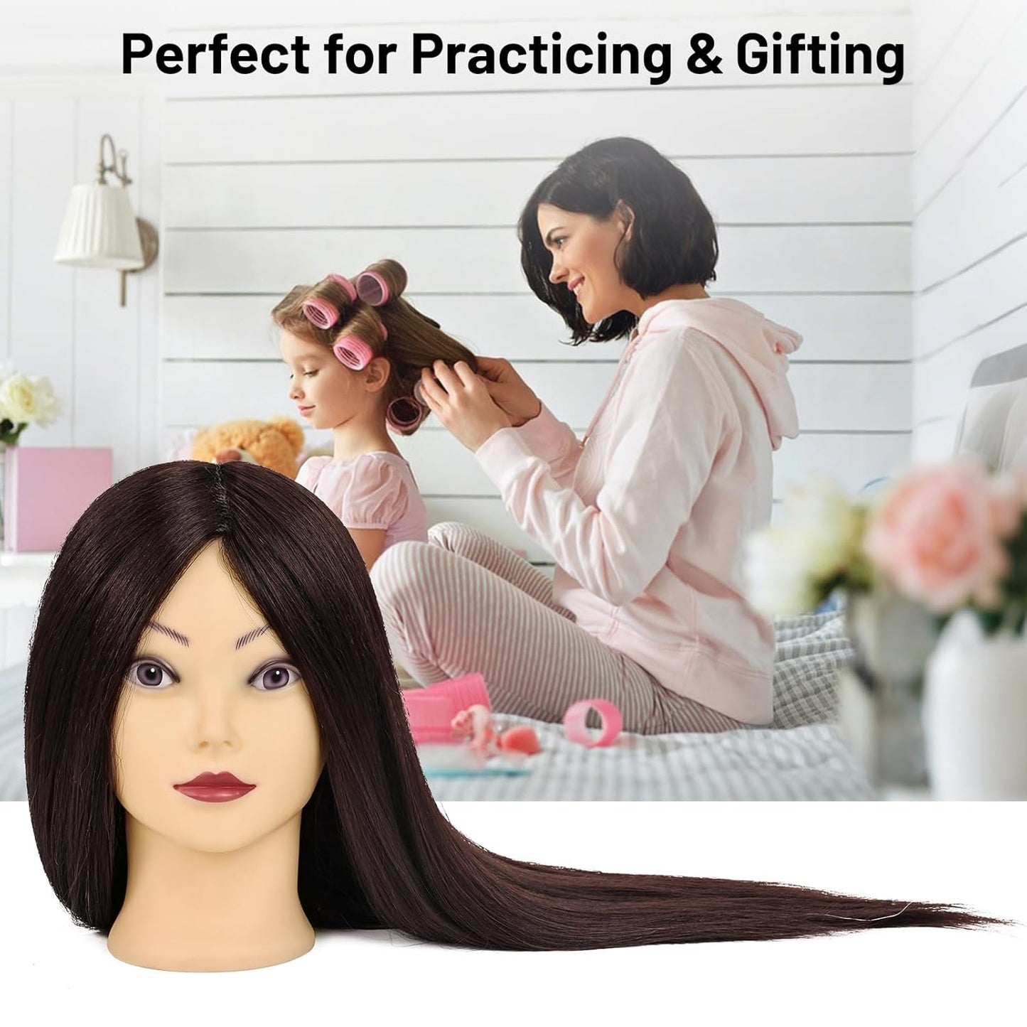 Mannequin Head - 90% Human Hair 23 Inch | Cosmetology Styling & Braiding Practice with Wig Stand