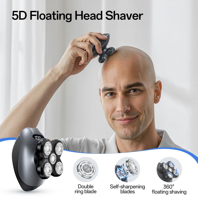 Head Shavers for Bald Men, Body Shavers for Men, Cordless Rechargeable Wet/Dry Bald Head & Groin Waterproof Electric Razor with Rotary Blades, Beard Trimmer, Clippers, Nose Trimmer, Brush (Gray)