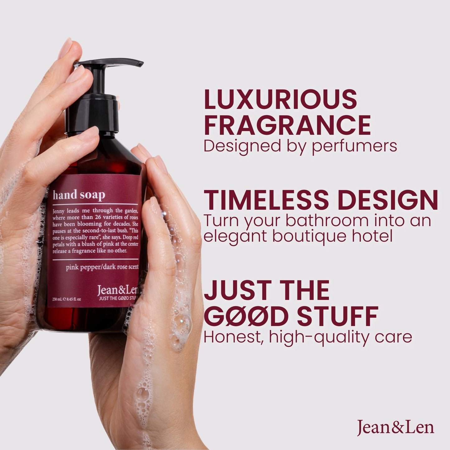 Jean & Len Hand Soap Pink Pepper & Dark Rose, gently cleanses stressed hands, suitable for daily use, liquid soap in pump dispenser, sensual fragrance, vegan, 8.45 Fl. Oz.
