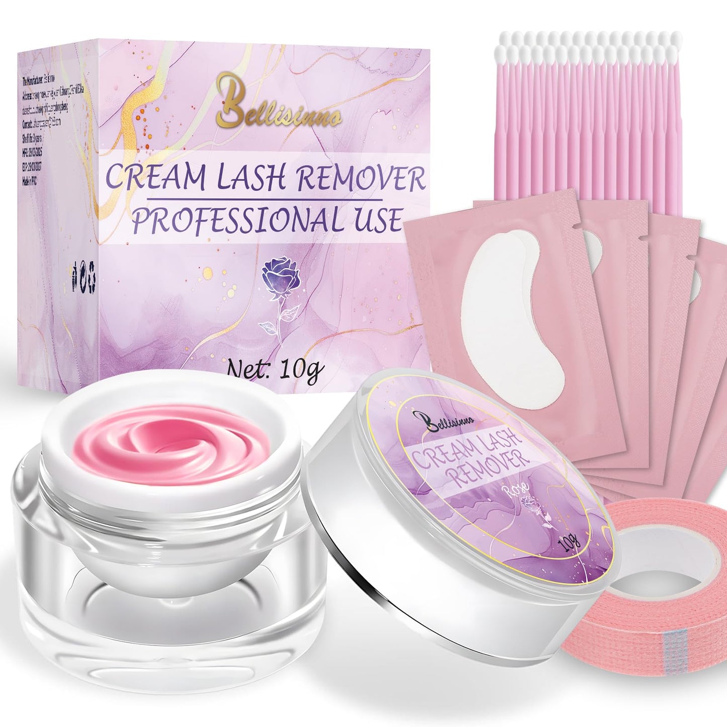 Bellisinno Eyelash Remover for Extensions, Eyelash Extension Remover Rose Scent, Lash Remover for Lash Extensions with Eye Pads, Non-Irritating, No Residual Fast Remover Kit,10g