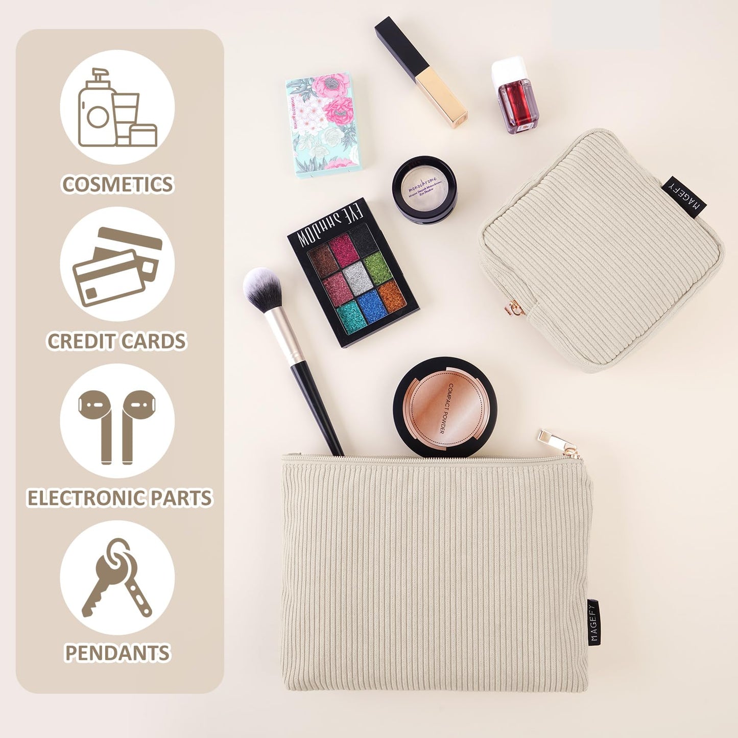 MAGEFY Small Makeup Bag, 2 Pcs Corduroy Makeup Bag for Purse Make Up Organizer Bag Mini Pouch with Slip-in Pockets Aesthetic Preppy Stuff - Beige