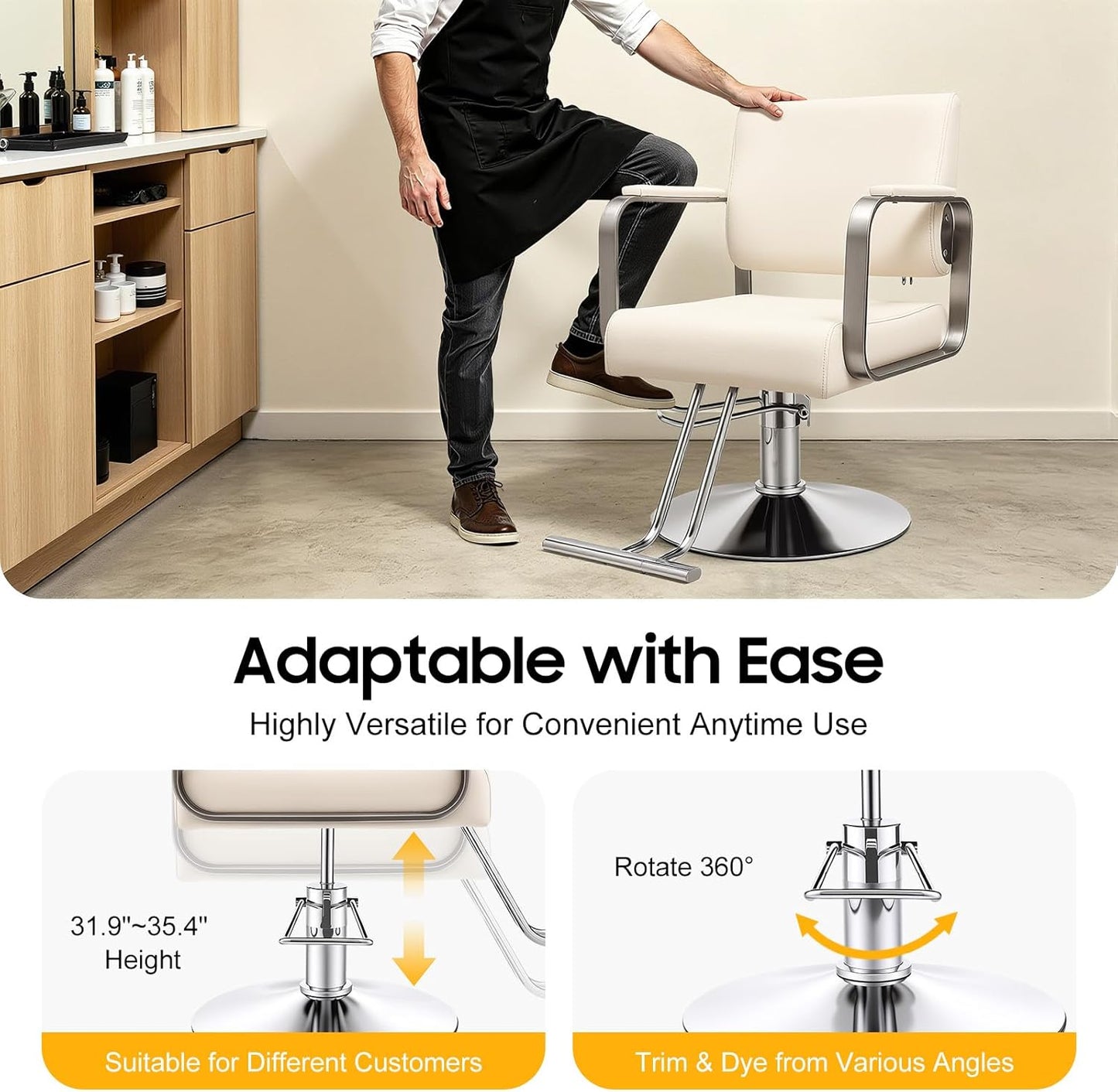 Salon Barber Chair - Hydraulic Pump & 360° Swivel | Adjustable Height Off-White & Silver Styling Chair for Barbershop & Home