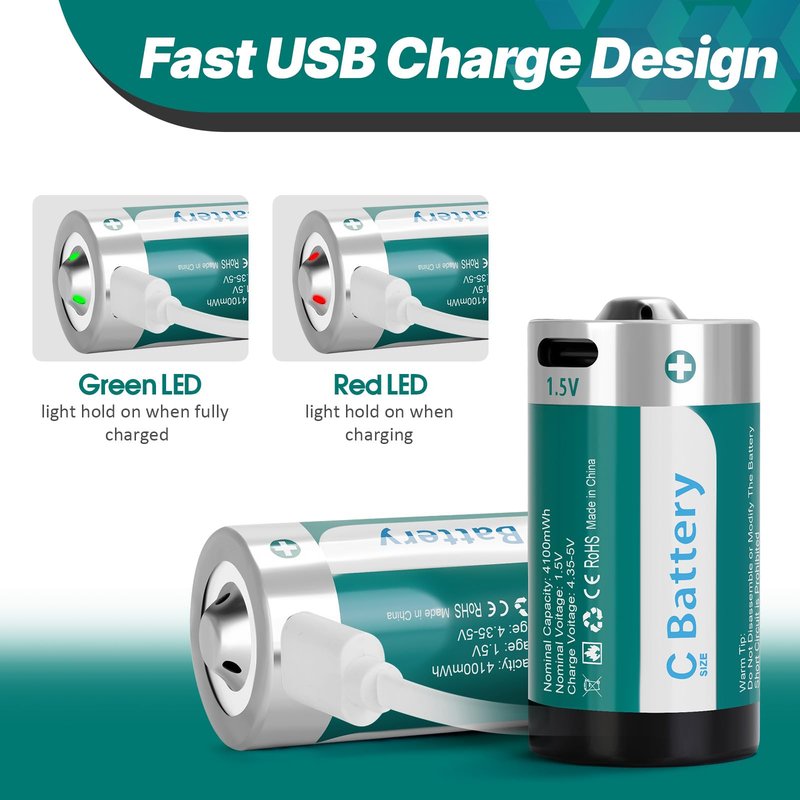 Fitinoch 4 Pack Rechargeable C Batteries 4100mWh, Long-Lasting 1.5V C Size Lithium Battery with USB Charging Cable