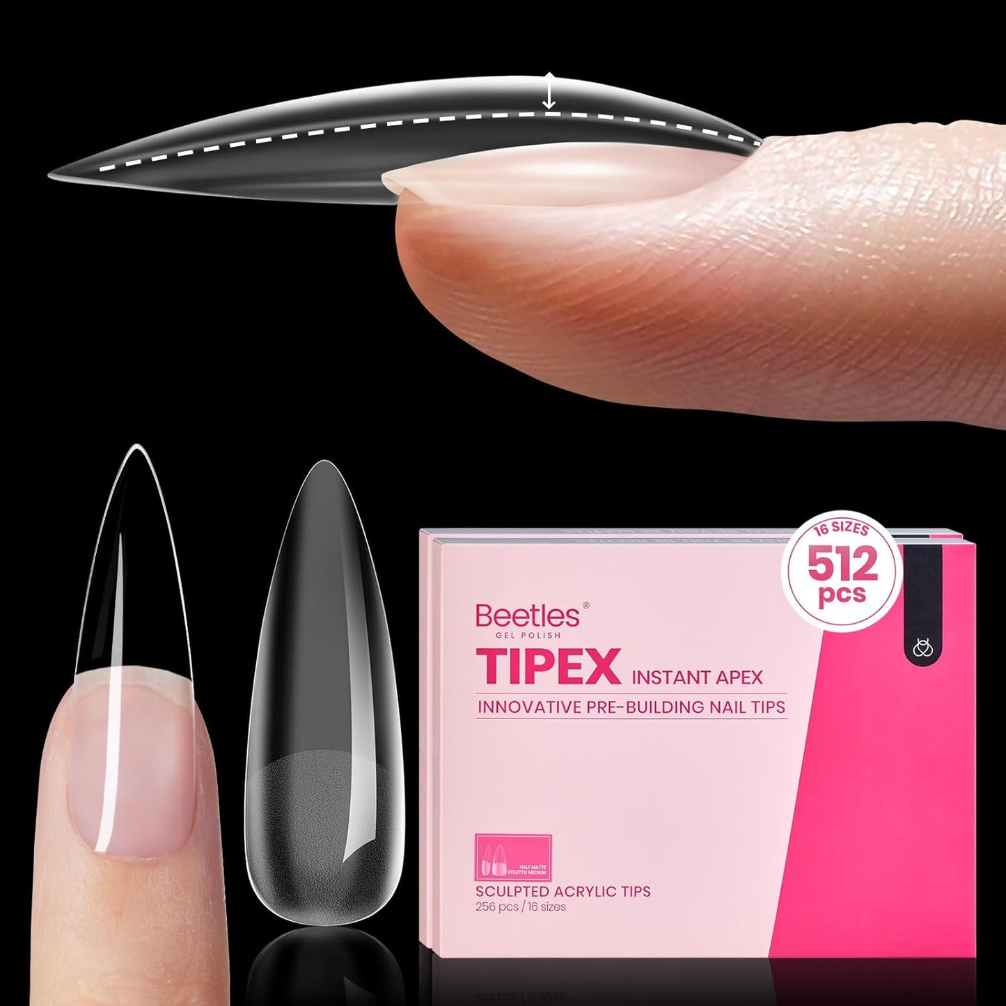 Beetles Apex Nail Tips - Medium Coffin, 192pcs, 16 Sizes 00–14 | Thicker Strong Acrylic for DIY Extensions