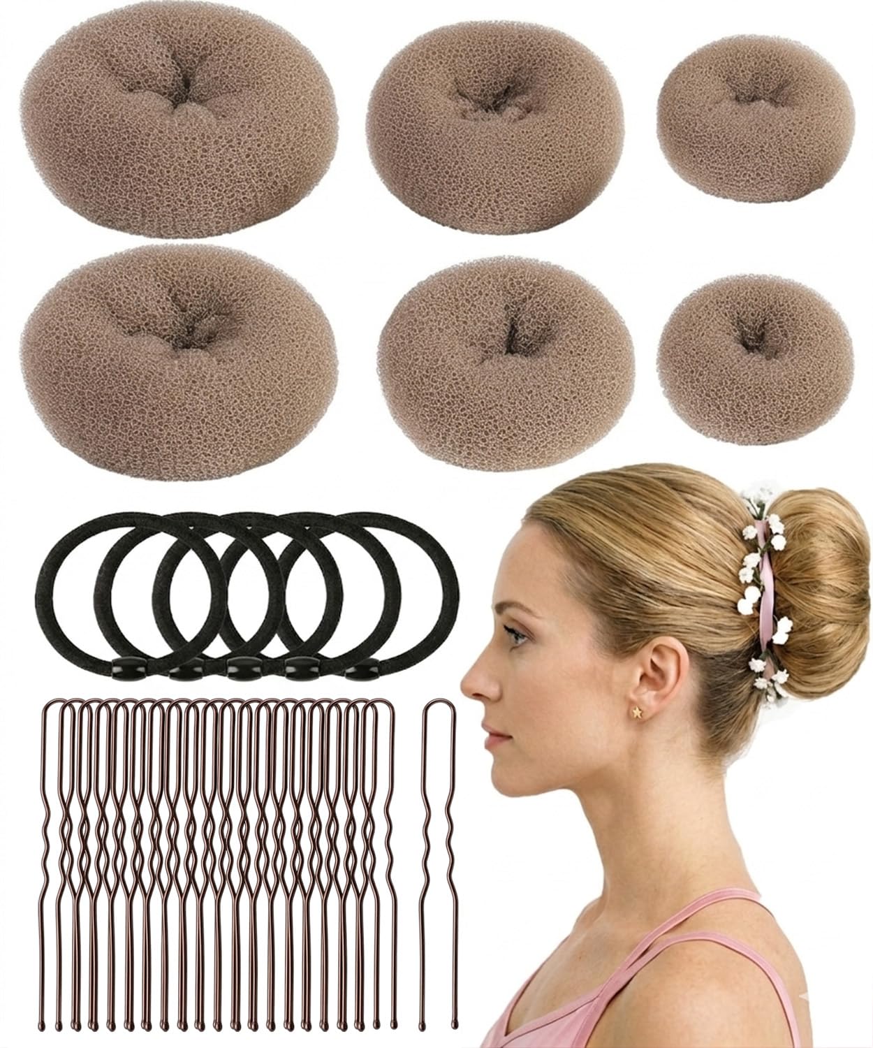 Small Hair Donut Bun Maker Set - 6 Pcs Firm Hold Chignon Ring for Thin Hair | Includes 5 Hair Ties & 20 U Pins - Beige
