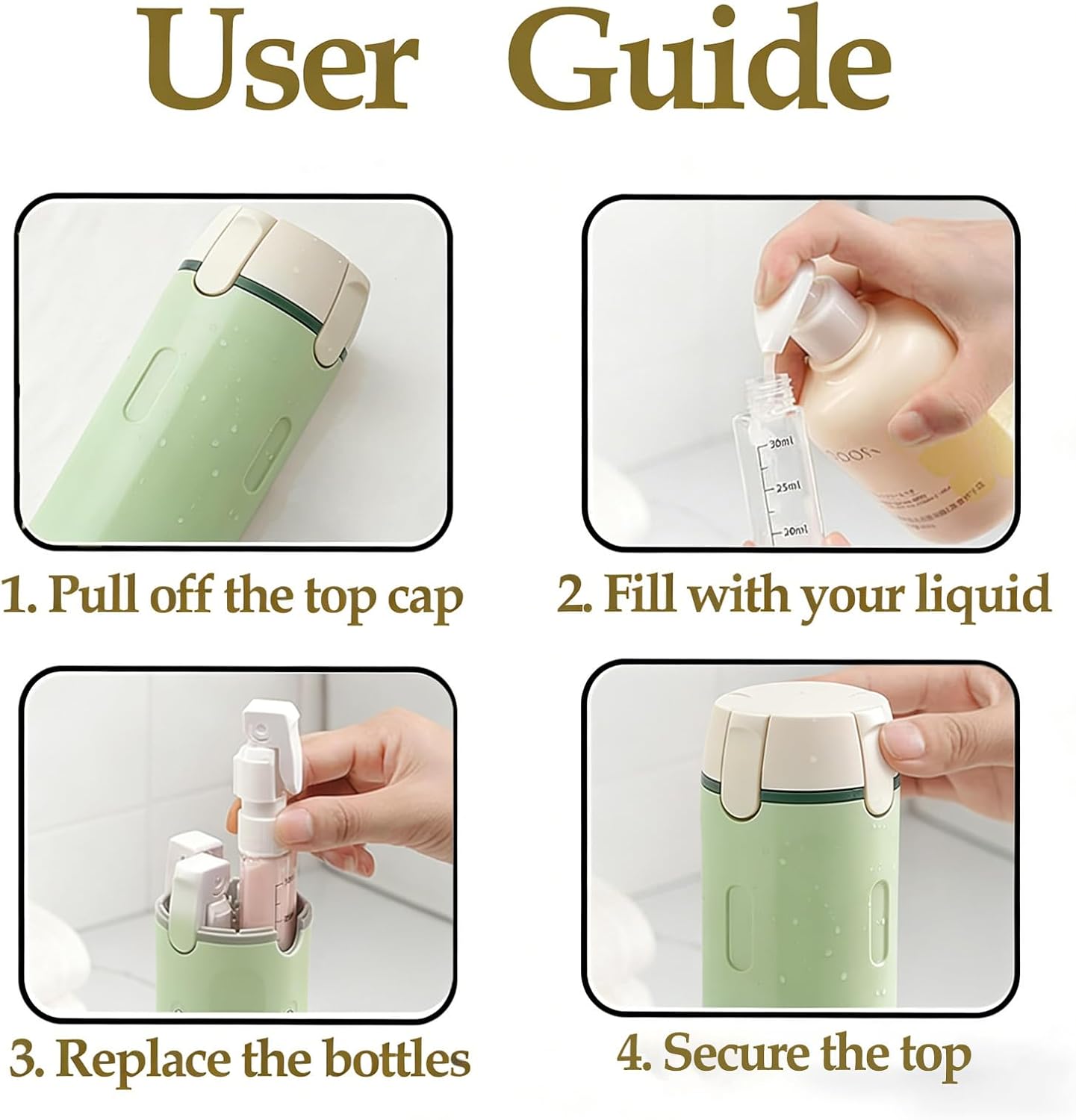 Travel Dispenser Bottle - 4-in-1 Leakproof Toiletry Set | TSA Approved 30ml Pump Bottles & Labels