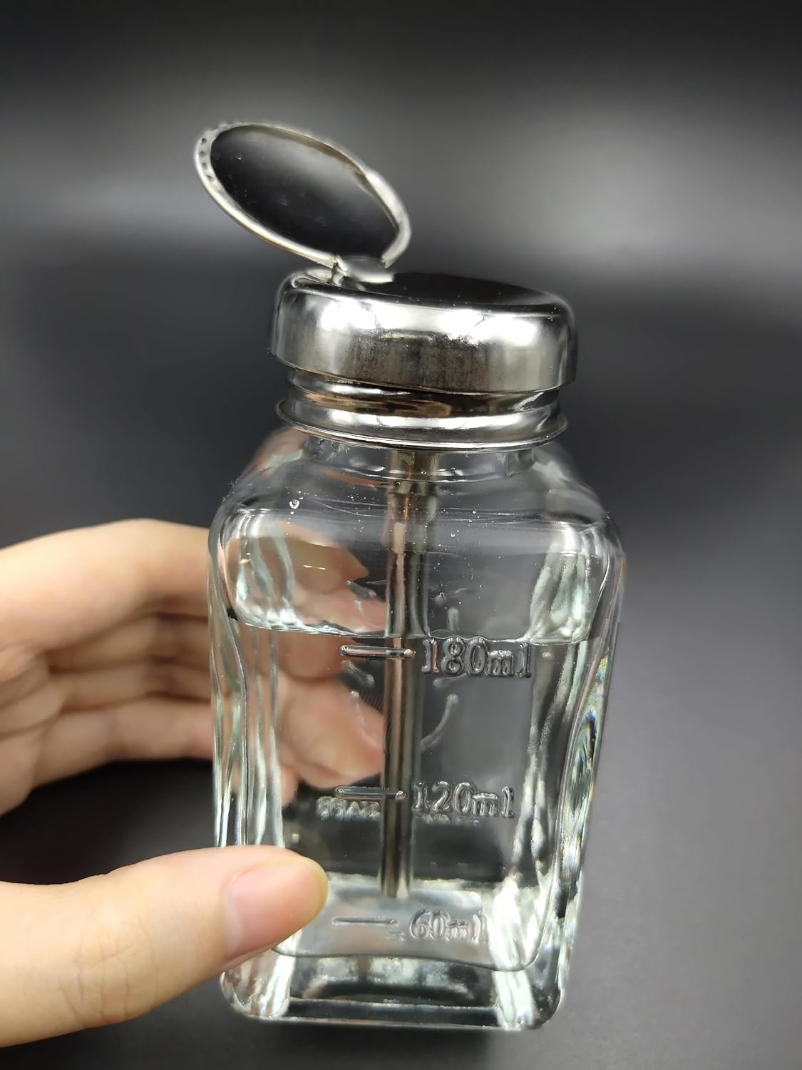 Empty Glass Pump Dispenser Bottle - 6 Oz Refillable Square Bottle for Makeup & Nail Polish Remover | 1 Pack