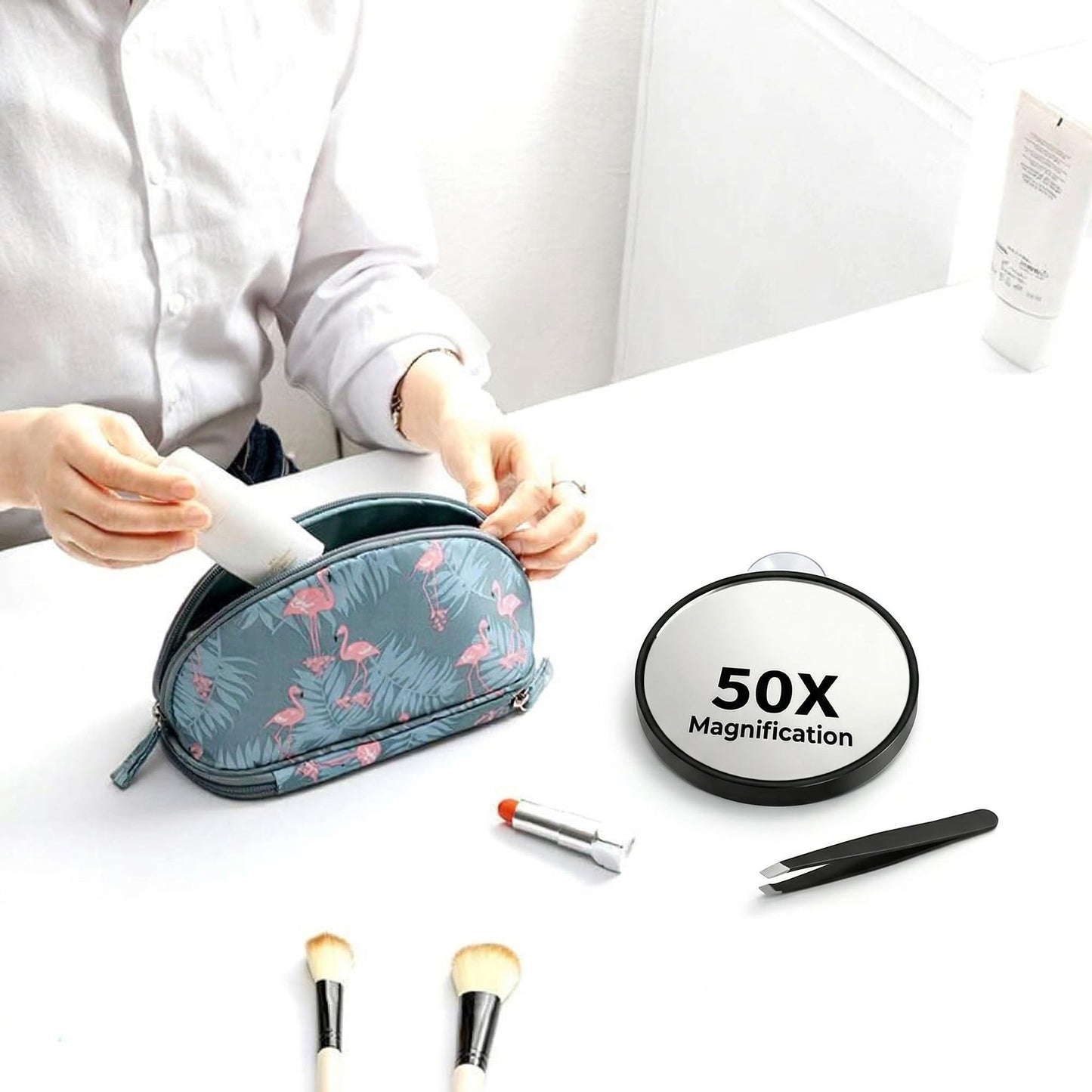 Magnifying Mirror, 50X High Magnification Round Handheld Suction Cup Black Tool, Portable Small Makeup Mirror with Tweezers for Precise Eyebrow Plucking Blackhead Removal and Facial Grooming