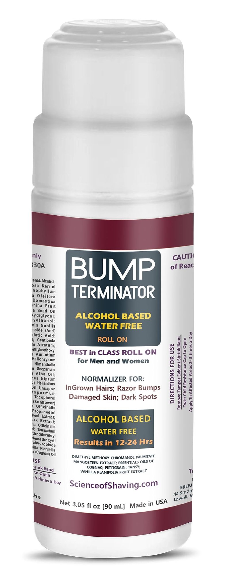 BUMP Terminator Fast Acting, Alcohol BASED, Water Free Anti Razor Bumps, Ingrown Hair, Skin Treatment for Face, Neck, Bikini Area, Legs & Back Of Head Bumps Remover, Unisex Roll On, 3.05 oz