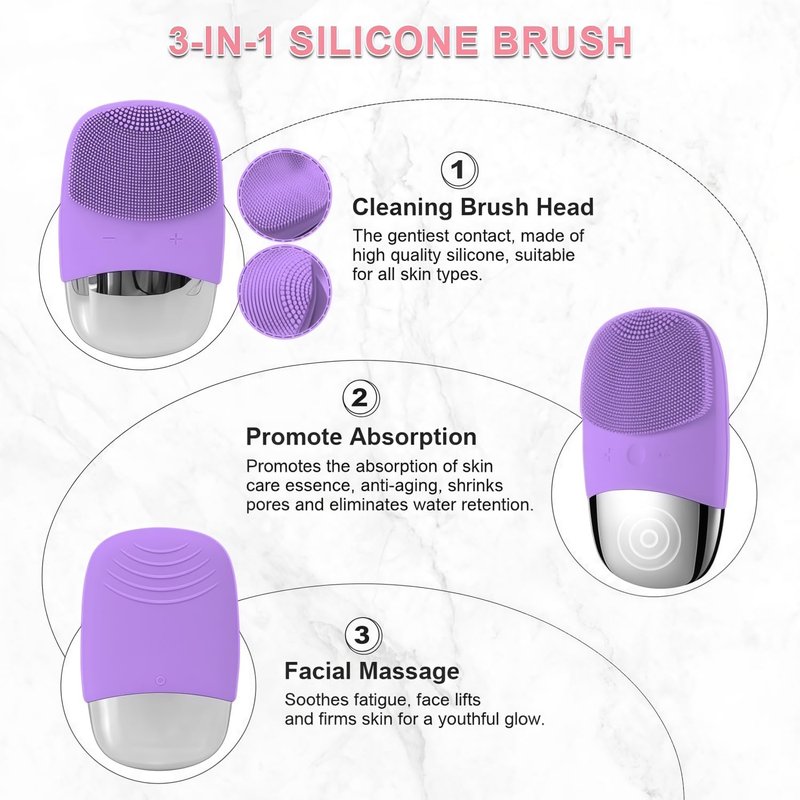 MEGAN Facial Cleansing Brush,USB Rechargeble Electric Silicone Face Scrubber,IPX7 Waterproof Sonic Facial Massager, 3 in 1 face Brush for Deep Cleanning, Blackhead Remover, Exfoliating. (Purple)