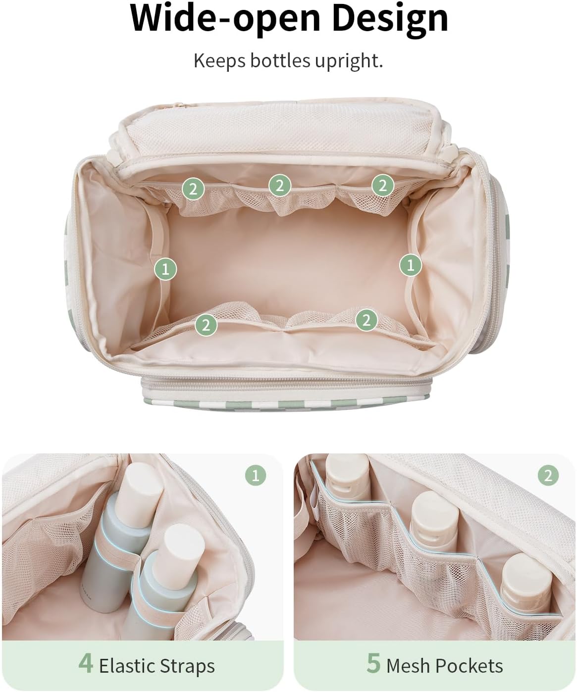 Narwey Travel Toiletry Bag - Wide Open Makeup Organizer with Wet Pocket | Green Checkerboard