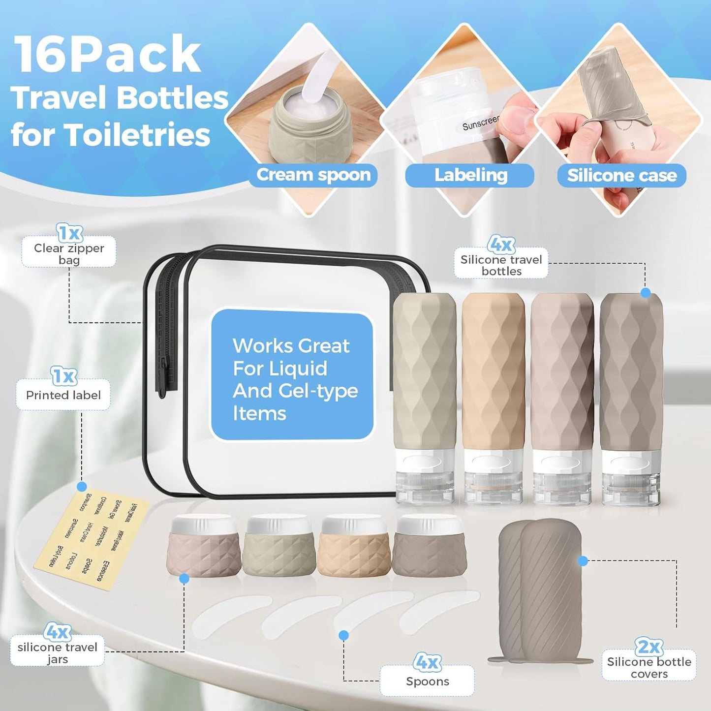 Travel Bottles Set - 16-Pack TSA Approved Silicone Toiletry Containers | Leak-Proof Refillable Bottles with Clear Bag (Cream)
