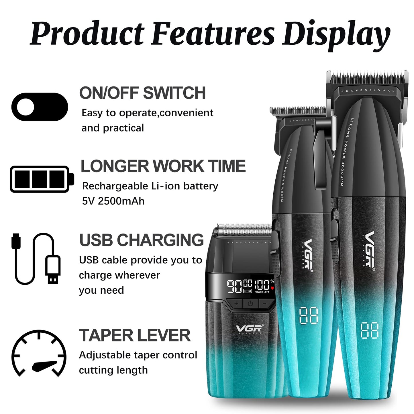 VGR 640S3 Professional 3 in 1 Hair Cutting Kit, 9000RPM Hair Clippers for Men Professional Hair Trimmer & Foil Shavers Set, Cordless Mens Barber Combo for Home, for Him(Green)