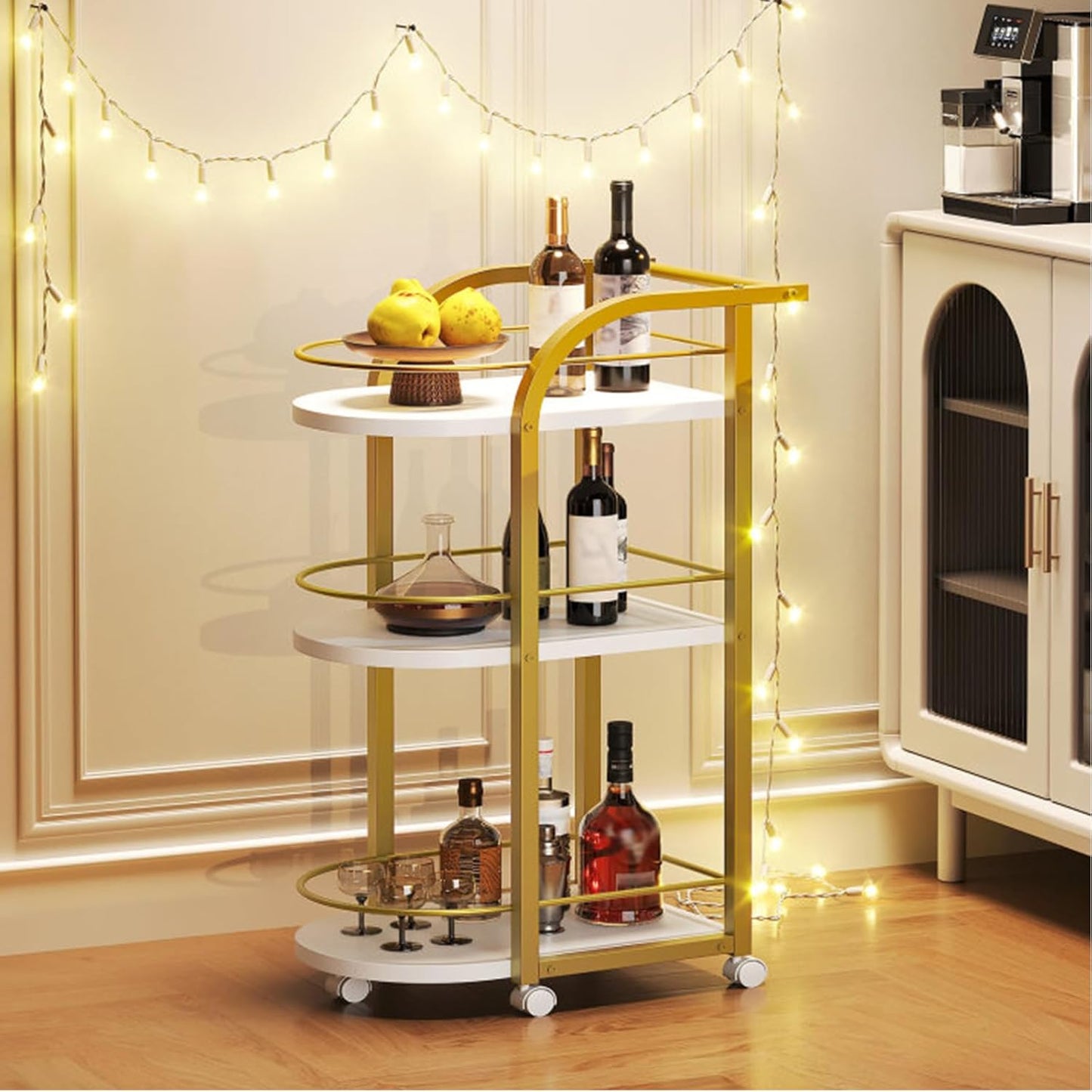 3-Tier Bar Cart - Home Serving Cart with Wheels & Fence | White & Gold Finish for Dining Room, Living Room, Garden