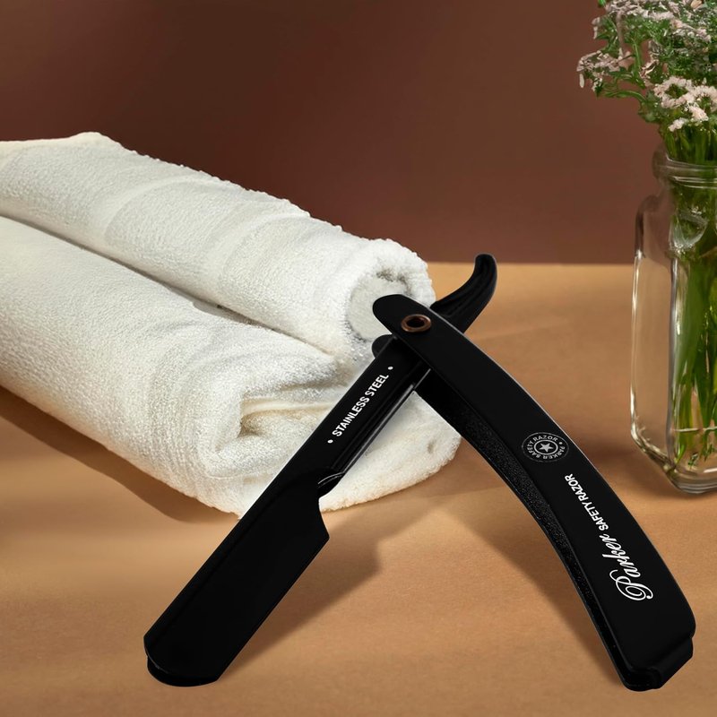 Parker PTABK Adjustable Stainless-Steel Barber Razor | 3 Blade Exposures (Low/Medium/High) | Straight Shavette with 5 Premium Platinum Refills | Black Stainless Steel Handle