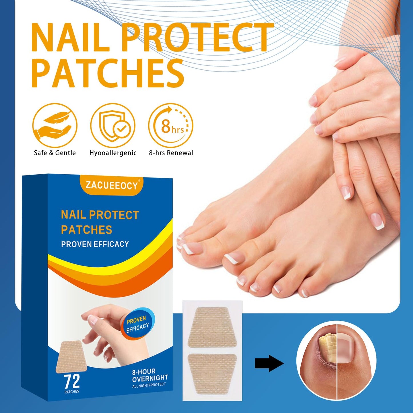ZACUEEOCY 72PCS Nail Treatment Patches for Toenail and Fingernails, Nail Repair Patches Extra Strength 8-Hours Overnight Care and Repair for Damaged Nails for Men and Women