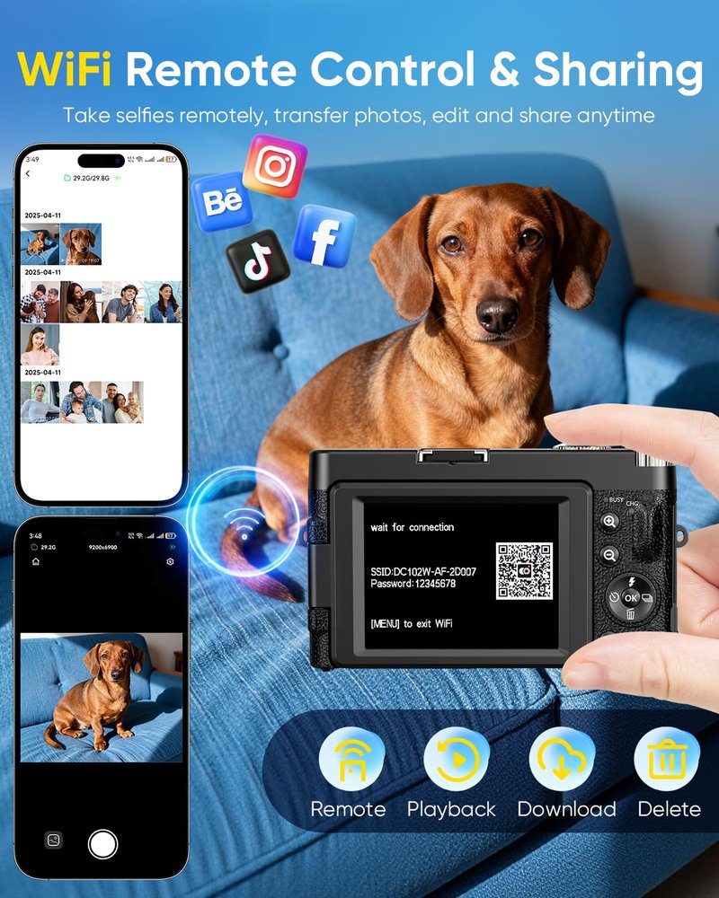 4K Digital Camera for Photography, 2026 Latest WiFi 64MP Vlogging Camera for YouTube with 180° flip Screen, Autofocus Anti-Shake, 16X Zoom, Compact Travel Camera, 32GB Card, 2 Batteries, Black