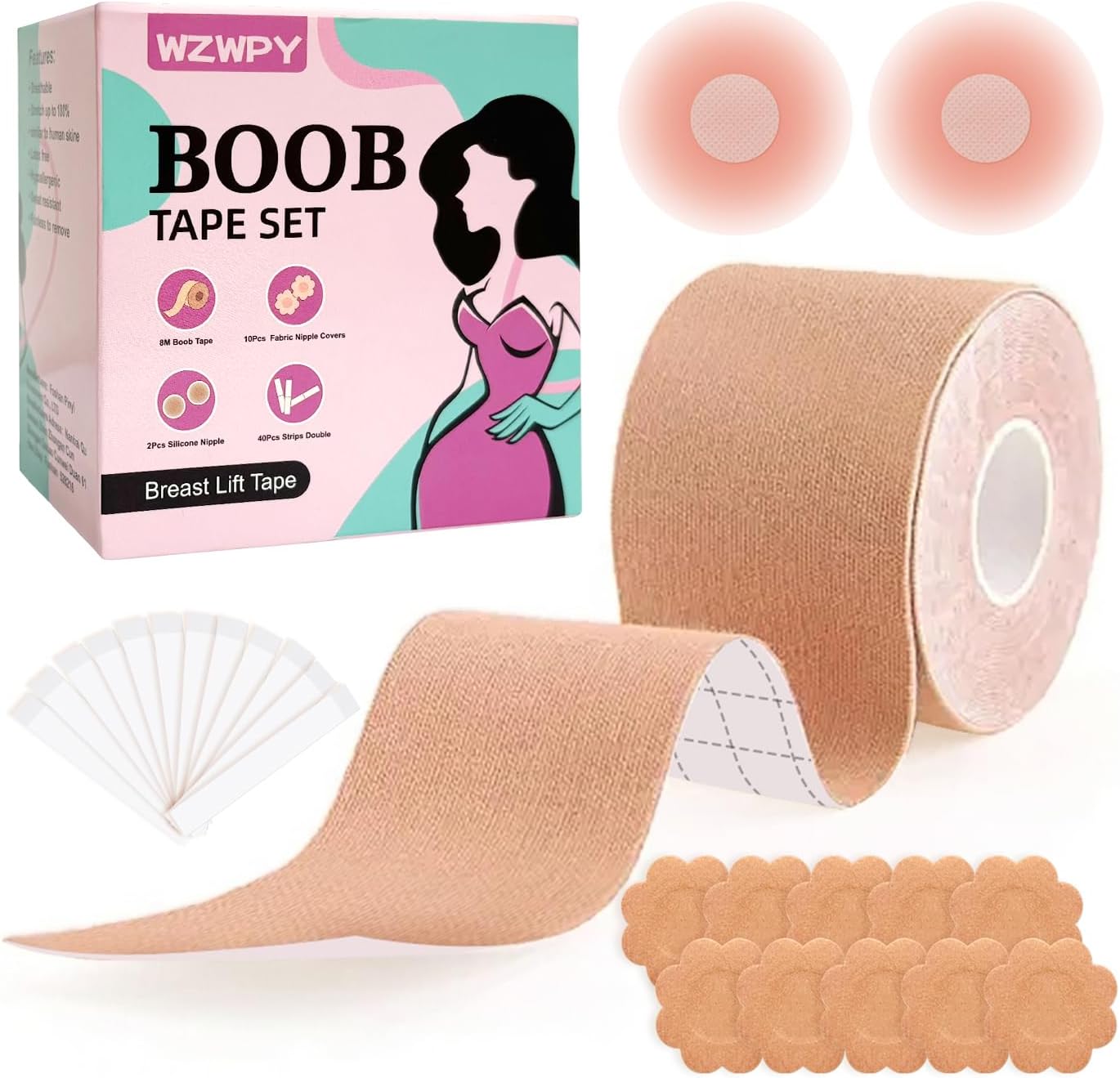 Breast Lift Boob Tape Kit for Large Breasts | Invisible Support for A-G Cup - Waterproof, Sweatproof - Beige, 2in x 26.3ft