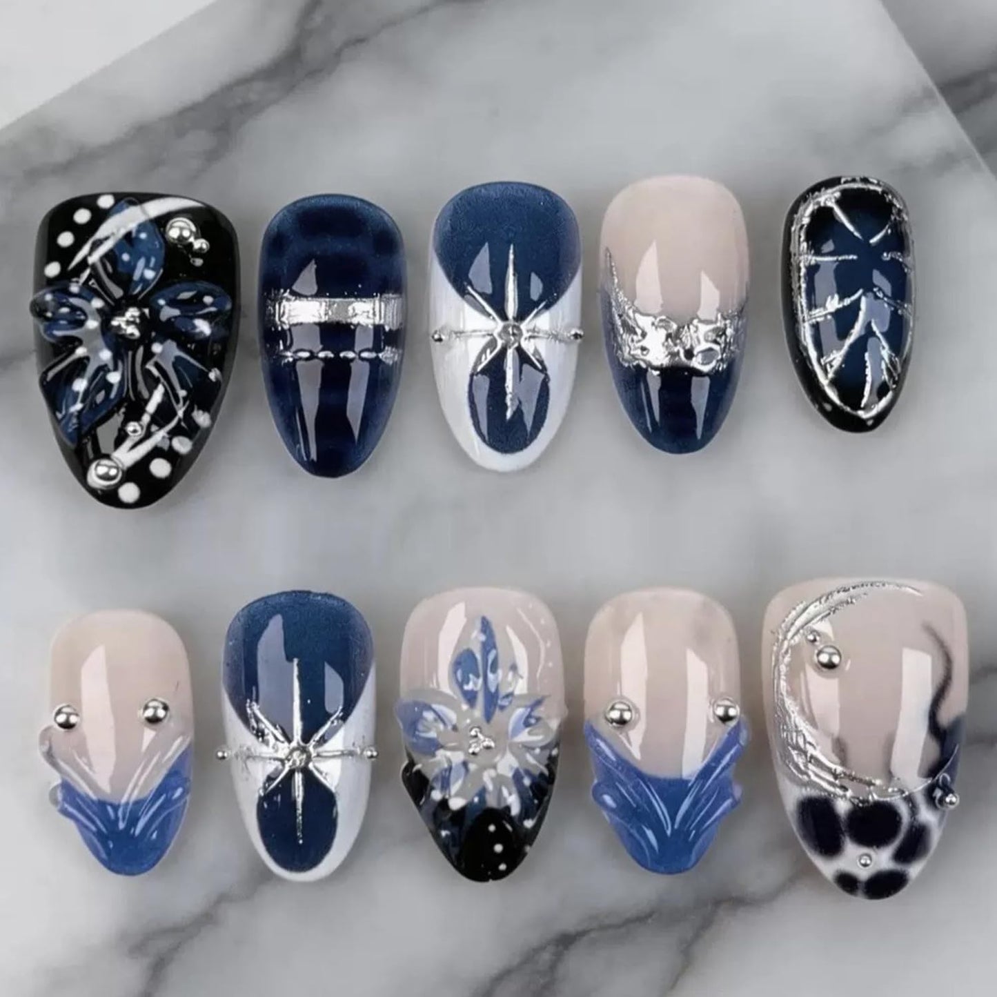Almond Press-On Nails - 30 Pcs Medium 3D Gold Star Design | Glossy Full Cover Butterfly Acrylics