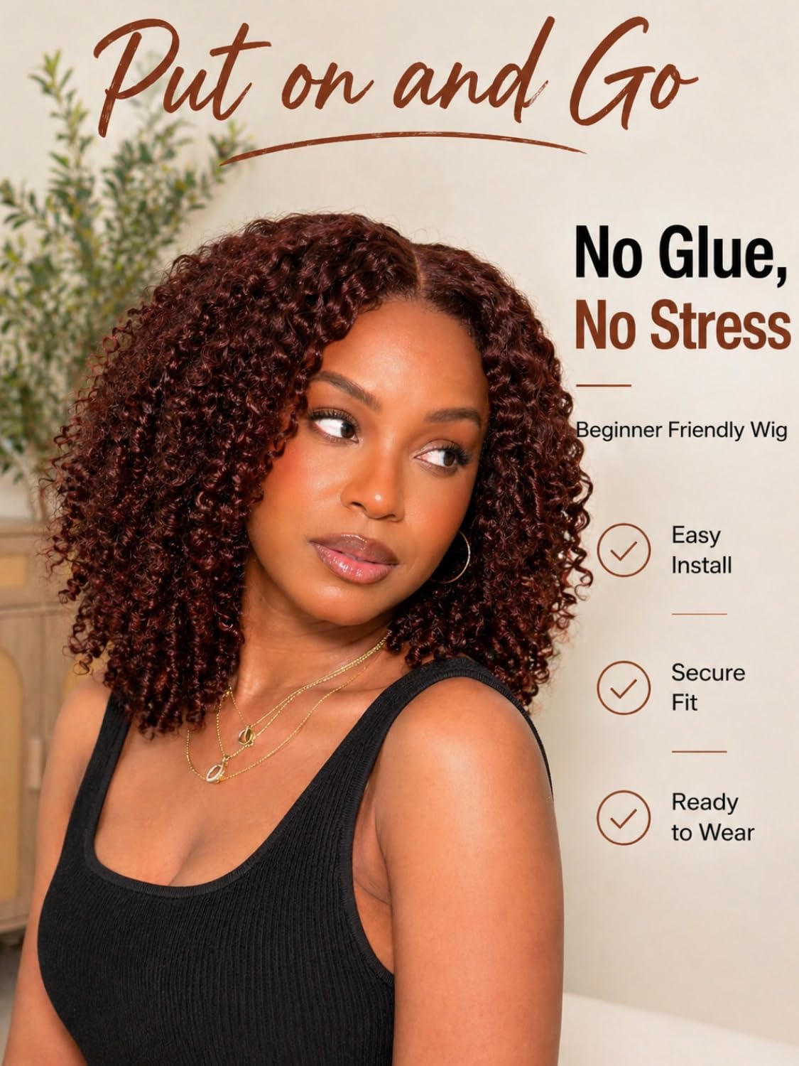 UNICE 13x4 Burmese Curly Lace Front Wig Human Hair, Reddish Brown Glueless Wig Pre-Plucked Pre-Cut, Fluffy Layered Drawstring Wig 200% Density, Ready to Wear for Women 16 Inch