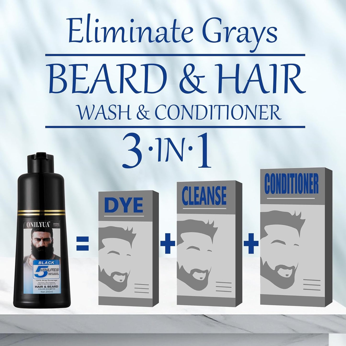 Men's Black Hair Dye - Long-Lasting Gray Coverage & Quick 5-Minute Beard Shampoo | 3-in-1 Solution