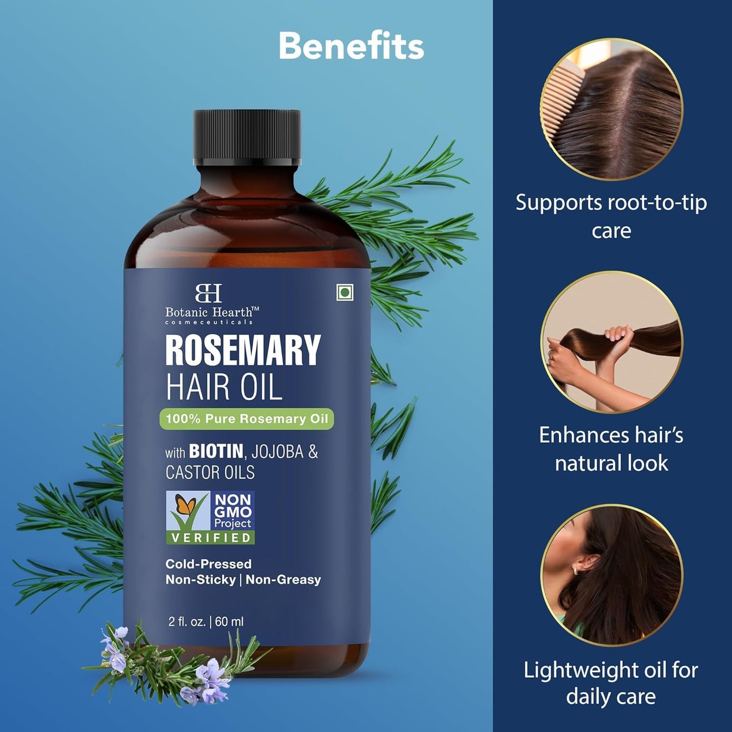 Rosemary Oil for Hair Growth - 100% Pure Biotin Infused Treatment | Nourishing & Volumizing | 2 fl oz, Blue