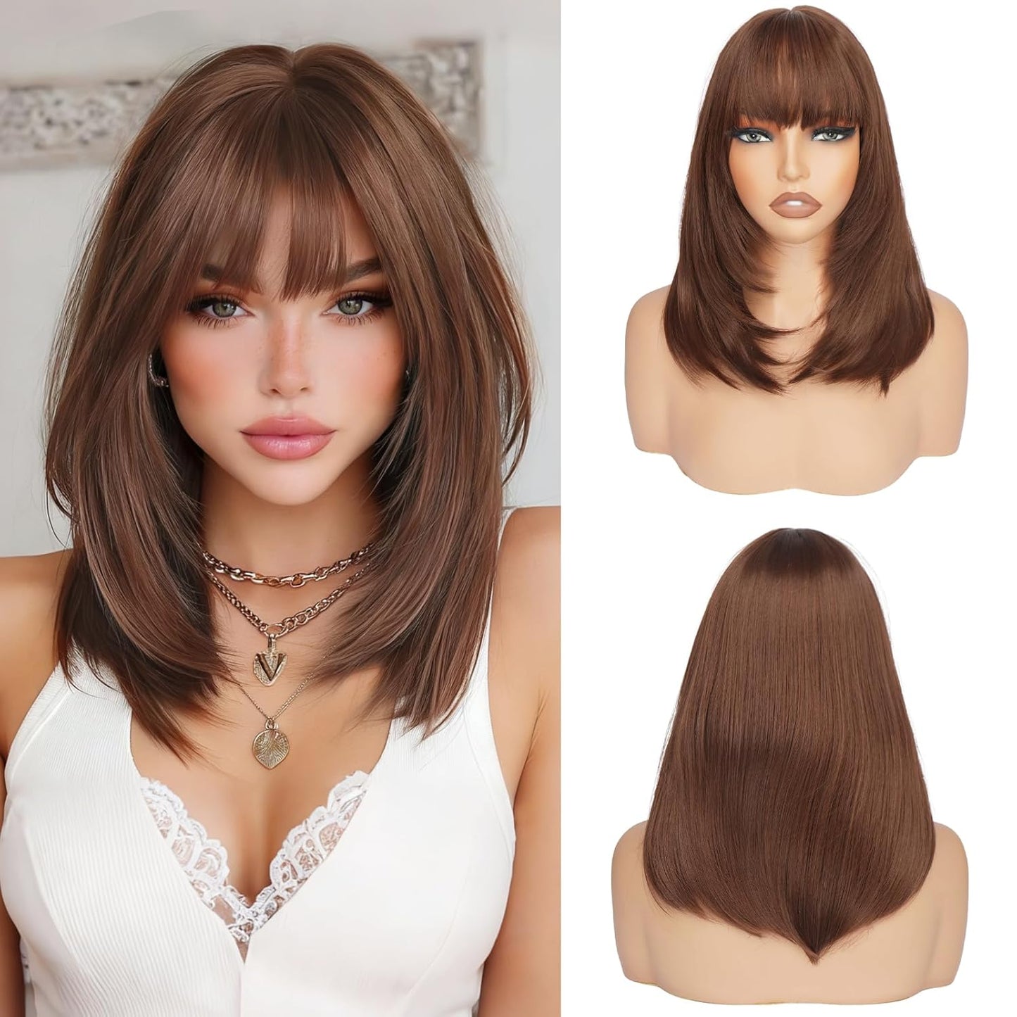 Blonde Bob Wigs with Bangs - Shoulder Length Straight Synthetic Hair | 16 Inch Platinum Blonde