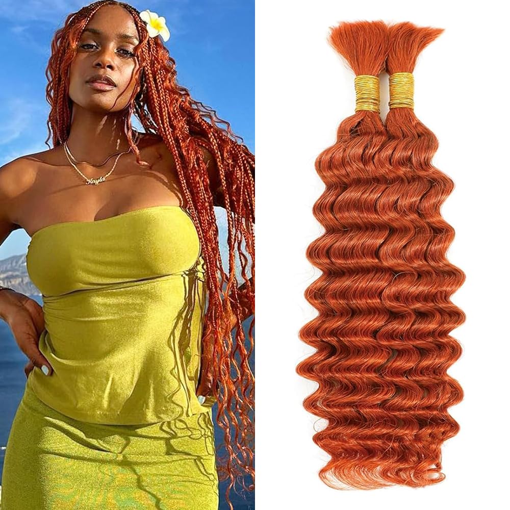 Ginger Braiding Hair 2 Bundles 100g 26 Inch Deep Wave Bulk Human Hair Braiding Wet and Wavy Human Braiding Hair for Boho Braids Orange Curly Human Hair Extensions