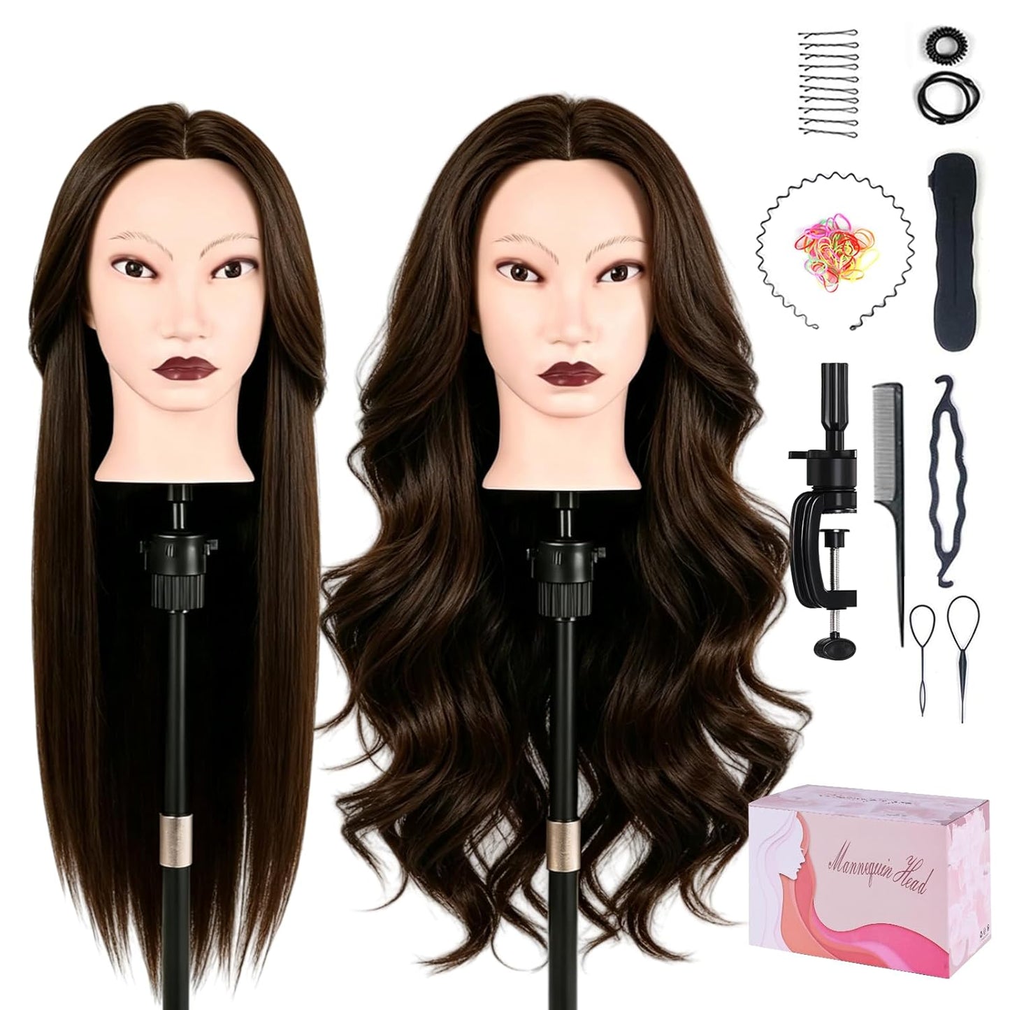 Beauty Star Mannequin Head - 18-Inch Real Human Hair Styling Head for Braiding & Cosmetology Training | Dark Brown Hair, Blue Eyes