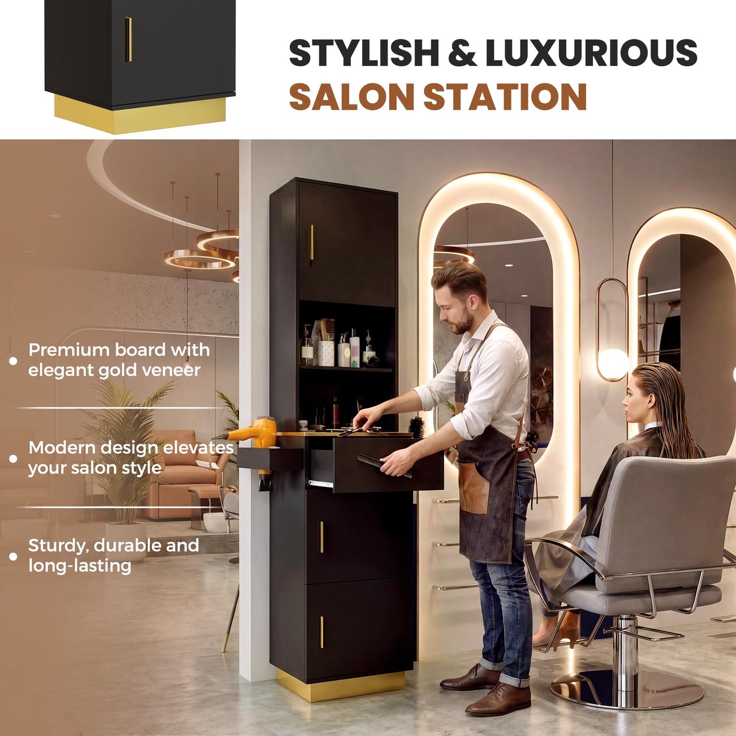 Oakvera Tall Hair Salon Station for Hair Stylist with Storage (Black)