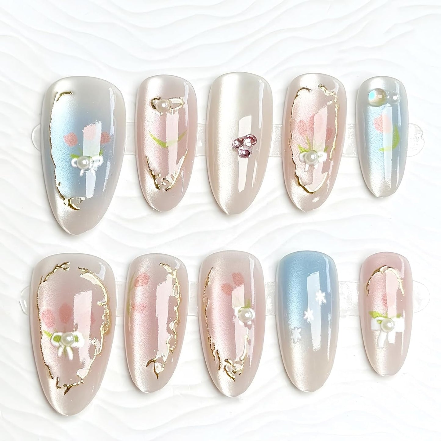 3D Handmade Press-On Nails - Summer Starfish Floral Design | Medium Almond Full Cover Ocean Theme
