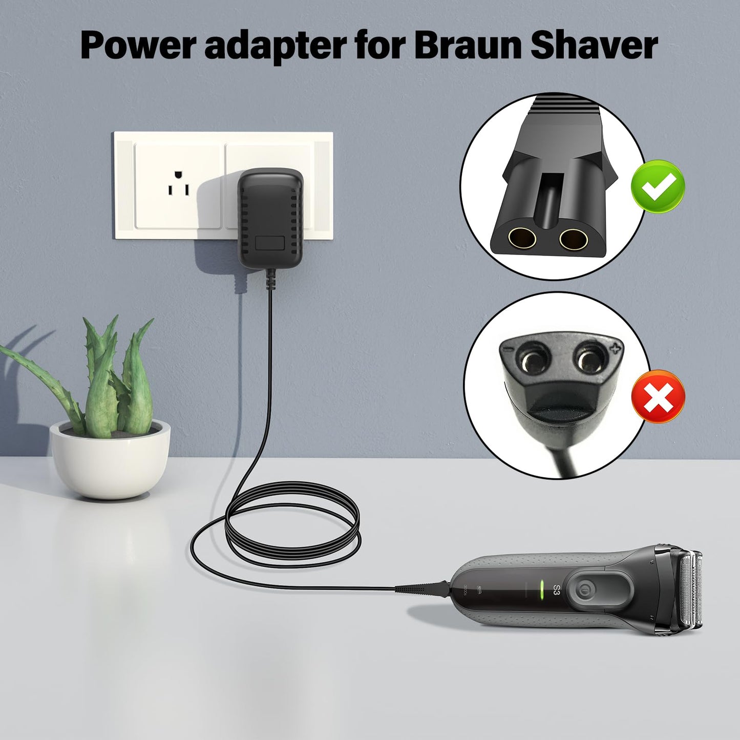 Replacement Charger for Braun Shavers Series 9 7 3 5 1 Charger, 12V 400mA Power Cord for Braun S3 S6 S7 S8 S5 S9 S1 Electric Razor 3040s 340s 9385cc 370 9290cc 9095cc Wall Charger