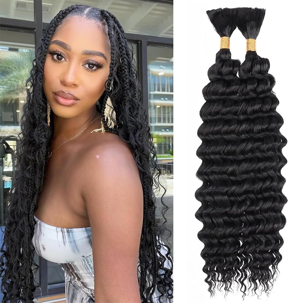 Human Braiding Hair for Boho Braids 110g 26 Inch Deep Wave Boho Hair for Braiding Curly Human Hair Extensions Knotless 12A Bulk Bohemian 2 Bundles/Pack Natural Color