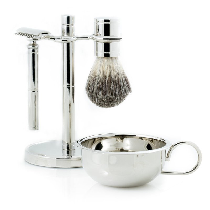 Bey-Berk Custom Personalzied Shaving set with Safety Razor and pure badger brush with soap dish on chrome stand
