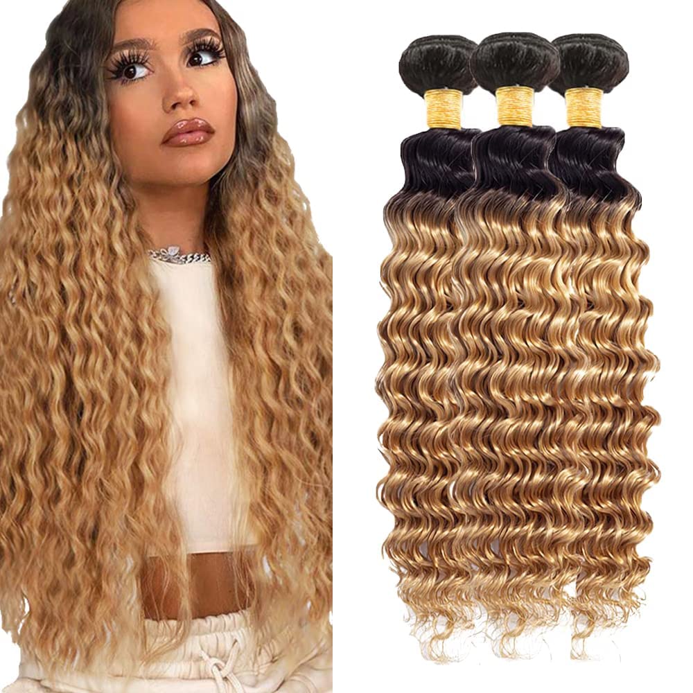 Freiuoke 26 28 30 Inch Honey Blonde Bundles Human Hair Ombre Deep Wave Bundle 27 Deep Wave 3 Bundles/150g Brazilian Virgin Hair Extensions