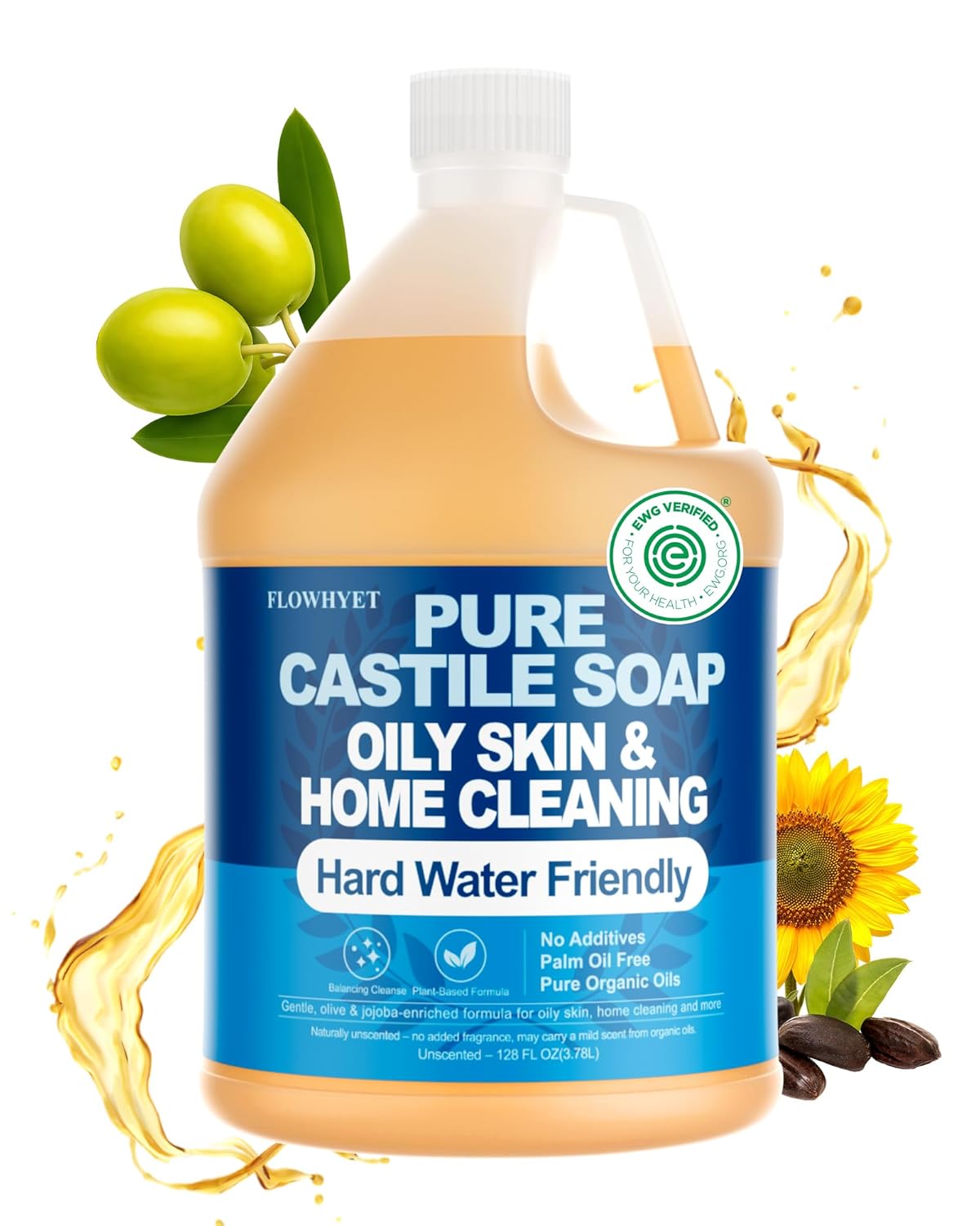 Pure Castile Soap - EWG Verified Organic Liquid Hand Soap Refill | Unscented, 1 Gallon - Ideal for Oily Skin & Home Cleaning