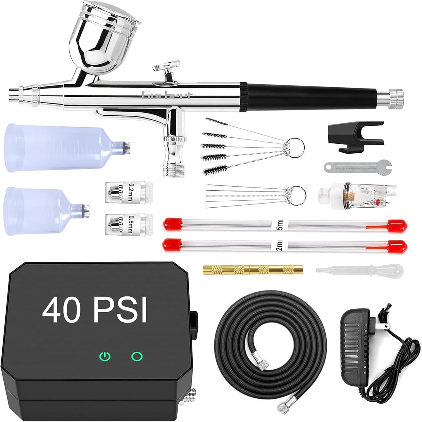 Airbrush Kit with Air Compressor - High Pressure 40 PSI, Non-Clogging | 0.2/0.3/0.5mm Nozzles for Painting, Modeling, Makeup
