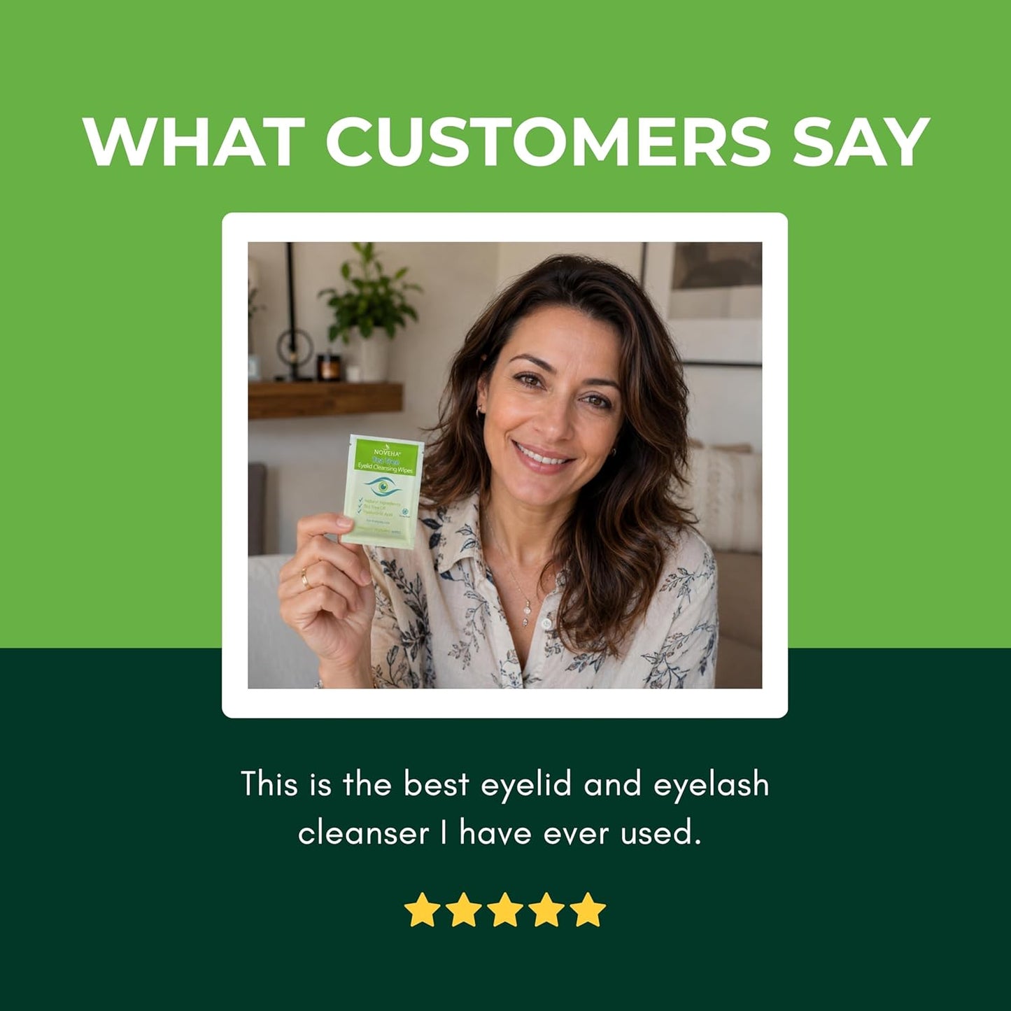NOVEHA Tea Tree Oil Eyelid & Lash Wipes - Hyaluronic Acid, Green Tea & Chamomile | 60 Individually Wrapped Cleansers for Blepharitis & Itchy Eyes