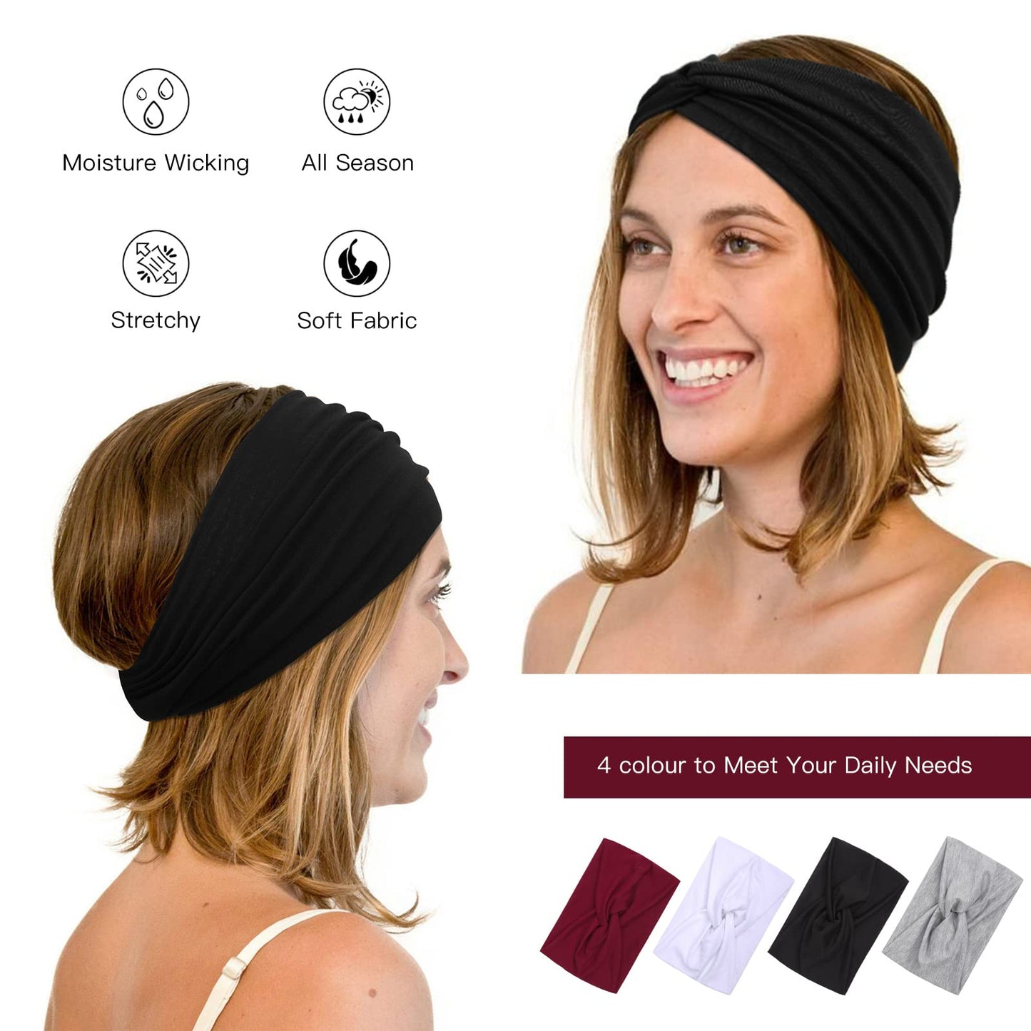 TERSE Headbands for Women Non Slip Soft Elastic Wide Hair Bands Yoga Running Workout Head Scarf 4 Packs