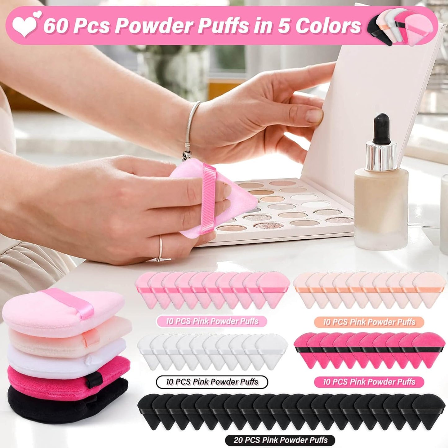 Caffox Triangle Powder Puffs - 60pcs Makeup Applicators for Face & Eye | Ideal for Setting & Loose Powder