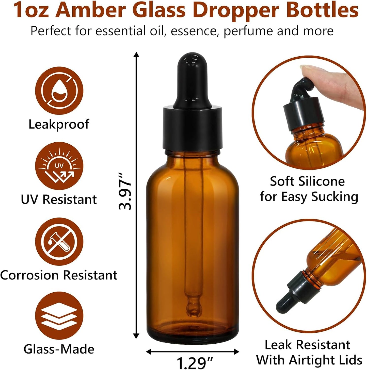 60 Pack 1oz Eye Dropper Bottles - Leakproof Amber Glass for Essential Oils & Tinctures | 30ml Travel Size